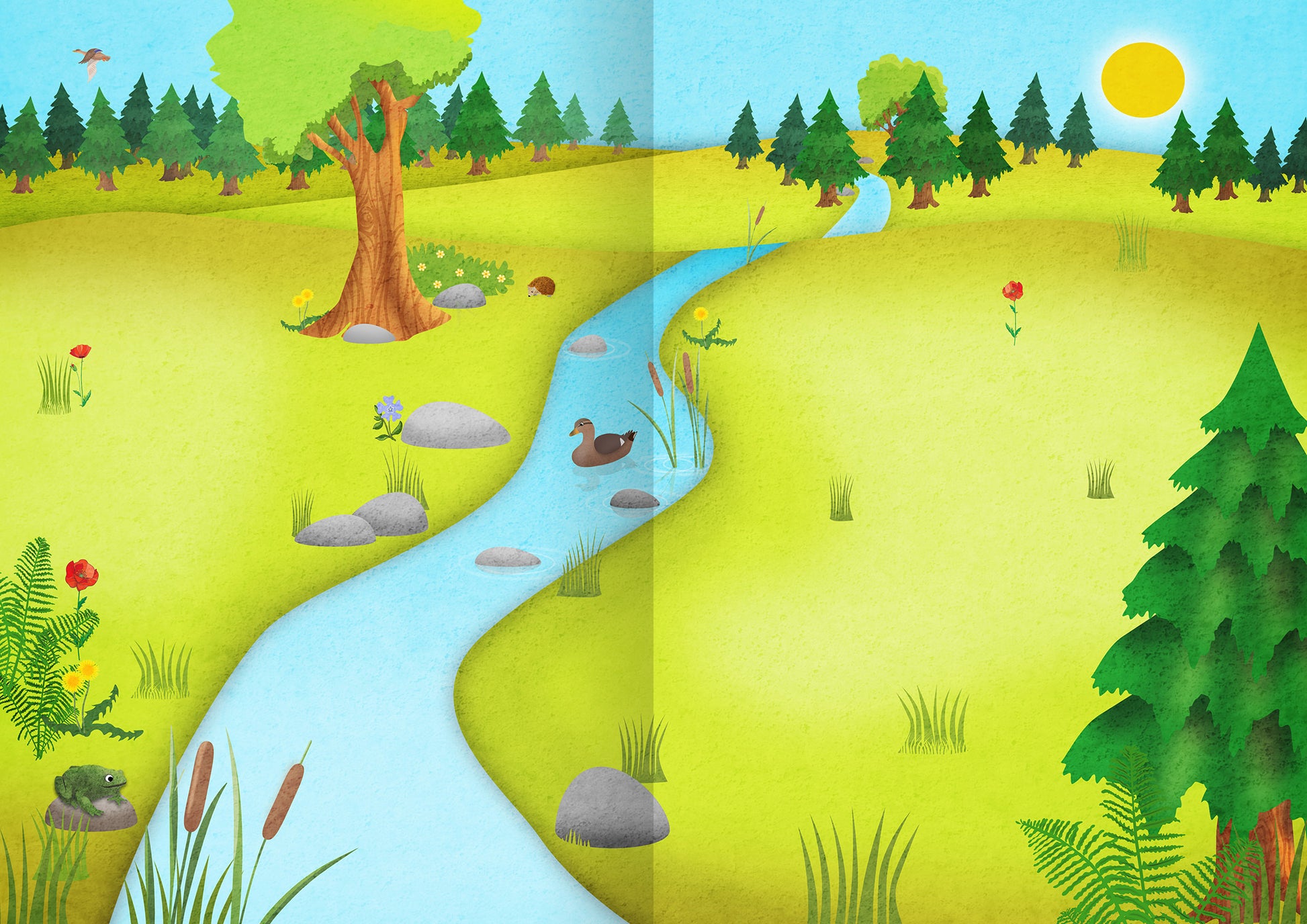 Gezeigt wird eine Innen- oder Zusatzansicht von „Mein Natur-Stickerbuch“. Die Szene präsentiert eine idyllische Landschaft mit einem sanft fließenden Gewässer, umgeben von saftigen Wiesen und hohen Bäumen. Im Vordergrund sind verschiedene Pflanzen und Blumen zu sehen, darunter Farne und bunte Felder. Ein ruhender Vogel schwimmt im Wasser, während die Sonne am Himmel scheint und eine freundliche Atmosphäre schafft. Die Farbpalette ist hell und lebendig, mit grünen, blauen und gelben...