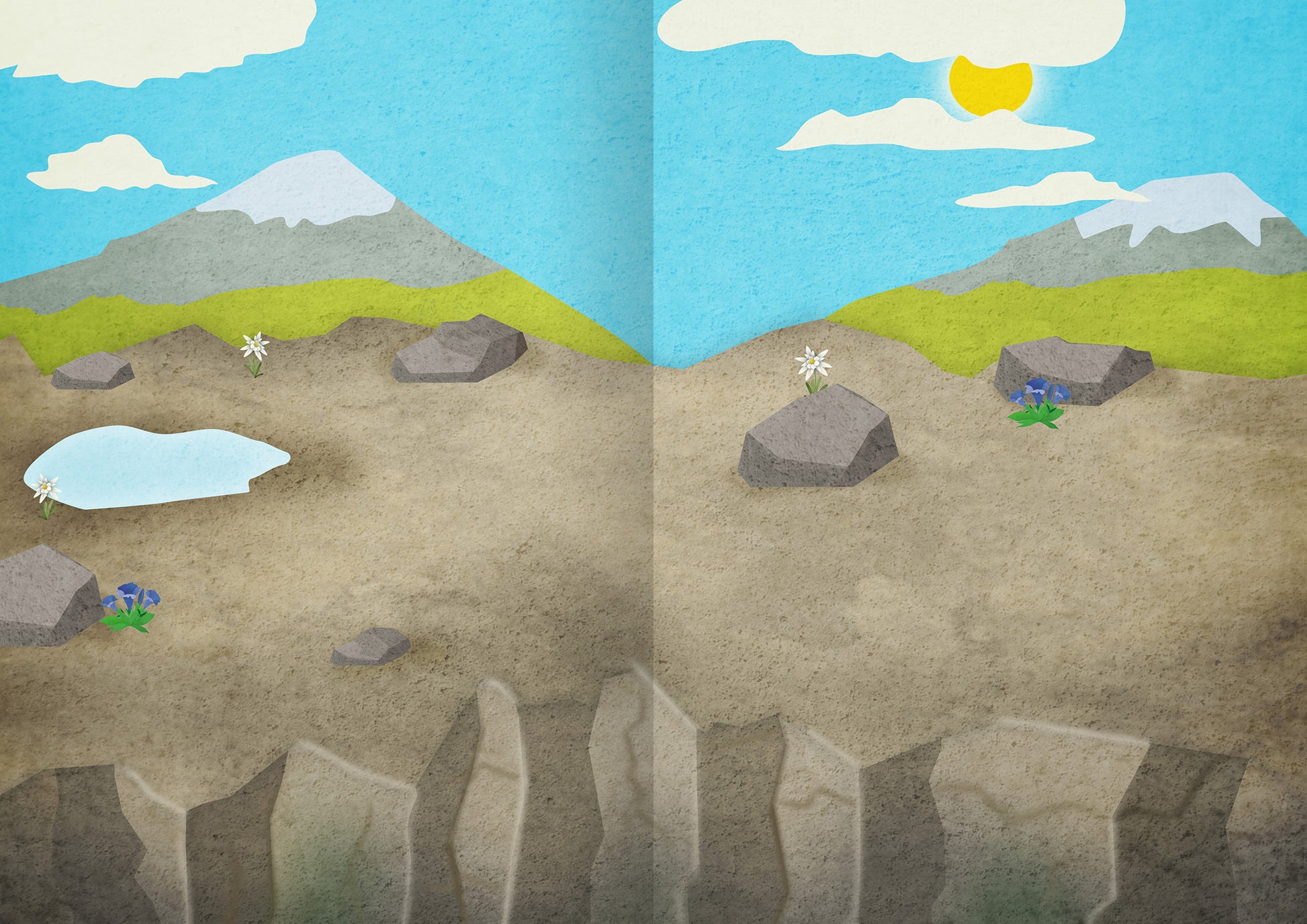 Gezeigt wird eine Innen- oder Zusatzansicht von „Mein Natur-Stickerbuch“. Auf der Doppelseite ist eine landschaftliche Szenerie mit sanften Hügeln, Bergen im Hintergrund und einem strahlend blauen Himmel zu sehen. Ein Sonnenmotiv und mehrere Wolken sind abgebildet. Auf dem Boden sind große Steine und einige Pflanzen wie Blumen sichtbar, sowie ein kleiner Wasserpfütze, die das Gesamtbild lebendig wirken lässt. Die Farbpalette umfasst sowohl Erdtöne als auch lebendige Farben, die den...