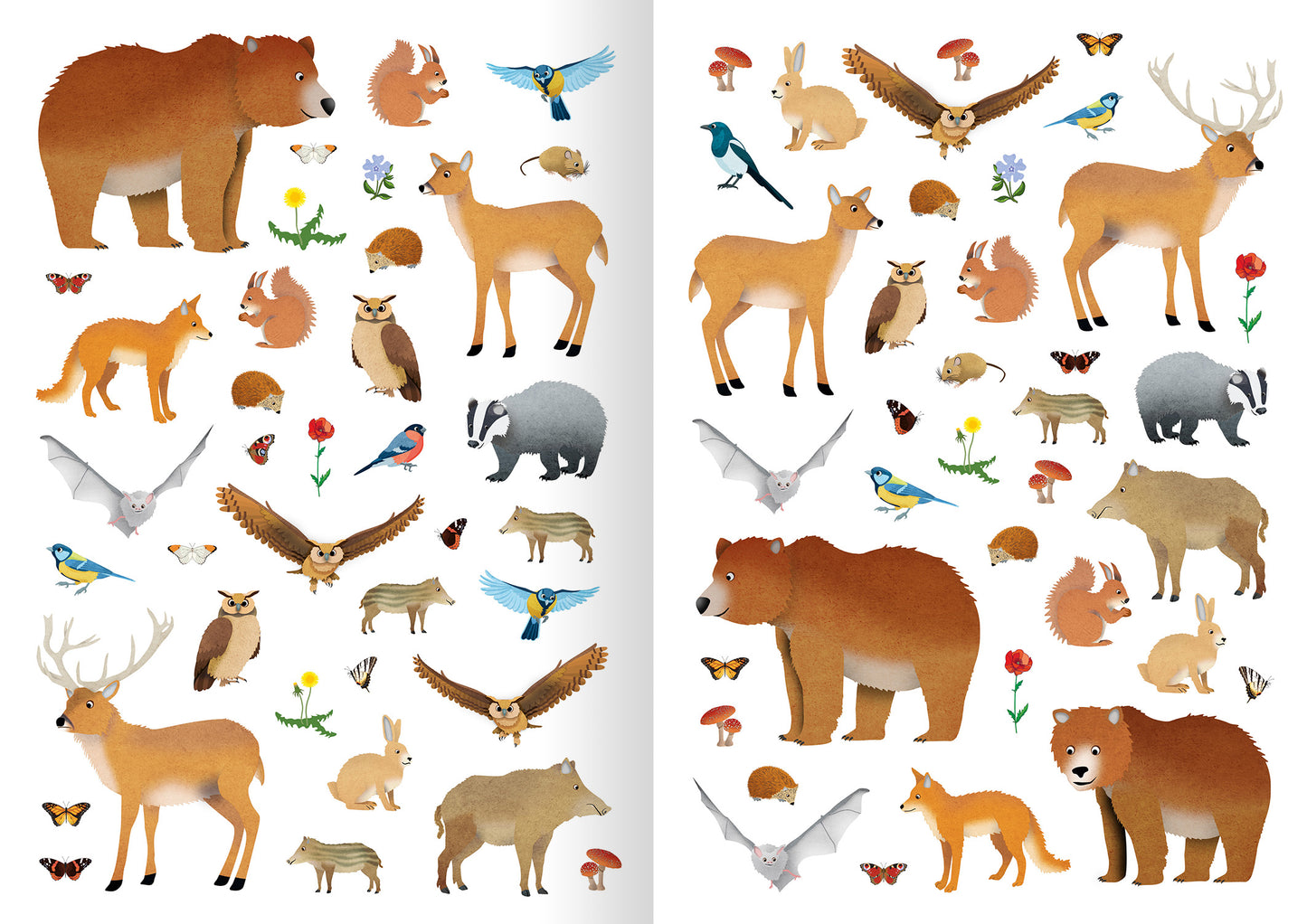 Gezeigt wird eine Innen- oder Zusatzansicht von „Mein Natur-Stickerbuch“. Die Seite präsentiert eine Vielzahl von bunten Tiermotiven, darunter Bären, Rehe und Vögel, sorgfältig angeordnet auf einem weißen Hintergrund. Die Illustrationen sind in sanften, einladenden Farben gehalten, wie Braun, Beige und Grüntönen. Zudem sind kleine Pflanzen und Blumen in hellen Tönen abgebildet. Die Typografie ist klar und gut lesbar, mit einem kindgerechten, verspielten Stil, der den Naturbezug...