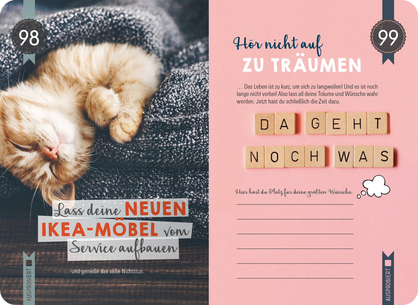 Gezeigt wird eine Innen- oder Zusatzansicht von „99 Dinge, die du im Ruhestand endlich tun kannst“. Die linksseitige Seite zeigt eine schlafende Katze auf dezentem, grauem Textil, umrahmt von einem dunkelblauen Hintergrund. Der Text in kräftigem Rot beschreibt die Aufforderung, neue Möbel im Ruhestand selbst aufzubauen. Auf der rechten Seite ist ein rosa Hintergrund mit der Überschrift „Hör nicht auf zu träumen“ in eleganter, weißer Schrift. darunter befinden sich Holzbuchstaben,...