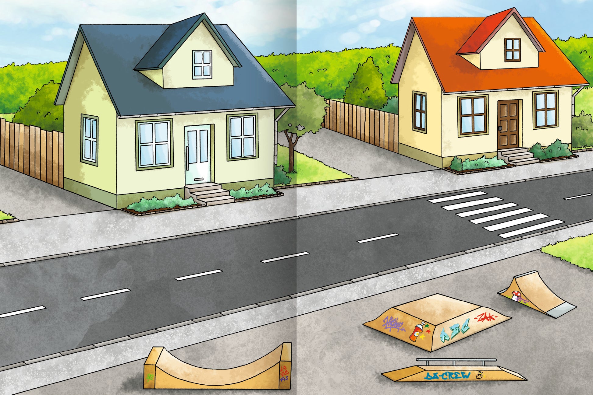 Gezeigt wird eine Innen- oder Zusatzansicht von „Erstes Stickern – Fahrzeuge“. Die Illustration zeigt zwei nebeneinanderstehende Häuser: das linke in sanftem Grün mit einem blauen Dach und das rechte in hellem Gelb mit einem orangefarbenen Dach. Zwischen den Häusern verläuft eine Straße, auf der eine Zebrastreifenmarkierung sichtbar ist. Vor den Häusern liegen verschiedene Skater-Elemente, darunter eine Rampe und ein Board. Die Farbpalette besteht aus freundlichen, leuchtenden...