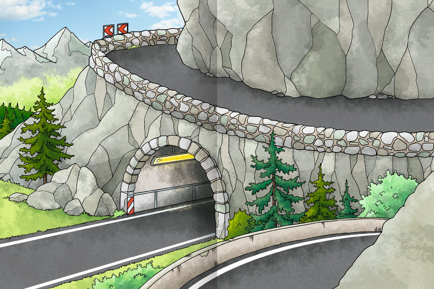 Gezeigt wird eine Innen- oder Zusatzansicht von „Erstes Stickern – Fahrzeuge“. Die Illustration zeigt eine kurvenreiche Straße, die durch eine steinige Tunnelöffnung führt. Umgeben von hohen, grünen Bäumen und Berglandschaften, wird eine freundliche, farbenfrohe Atmosphäre geschaffen. Der Himmel ist hellblau, während die Straße in einem kräftigen Schwarz mit weißen Fahrbahnmarkierungen dargestellt ist. Die Schrift ist klar und gut lesbar, passend zu einem kinderfreundlichen...