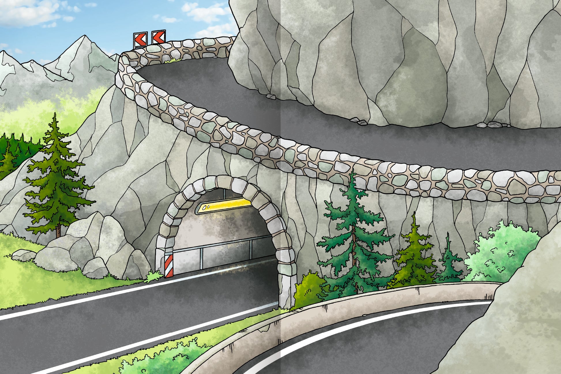 Gezeigt wird eine Innen- oder Zusatzansicht von „Erstes Stickern – Fahrzeuge“. Die Illustration zeigt eine kurvenreiche Straße, die durch eine steinige Tunnelöffnung führt. Umgeben von hohen, grünen Bäumen und Berglandschaften, wird eine freundliche, farbenfrohe Atmosphäre geschaffen. Der Himmel ist hellblau, während die Straße in einem kräftigen Schwarz mit weißen Fahrbahnmarkierungen dargestellt ist. Die Schrift ist klar und gut lesbar, passend zu einem kinderfreundlichen...