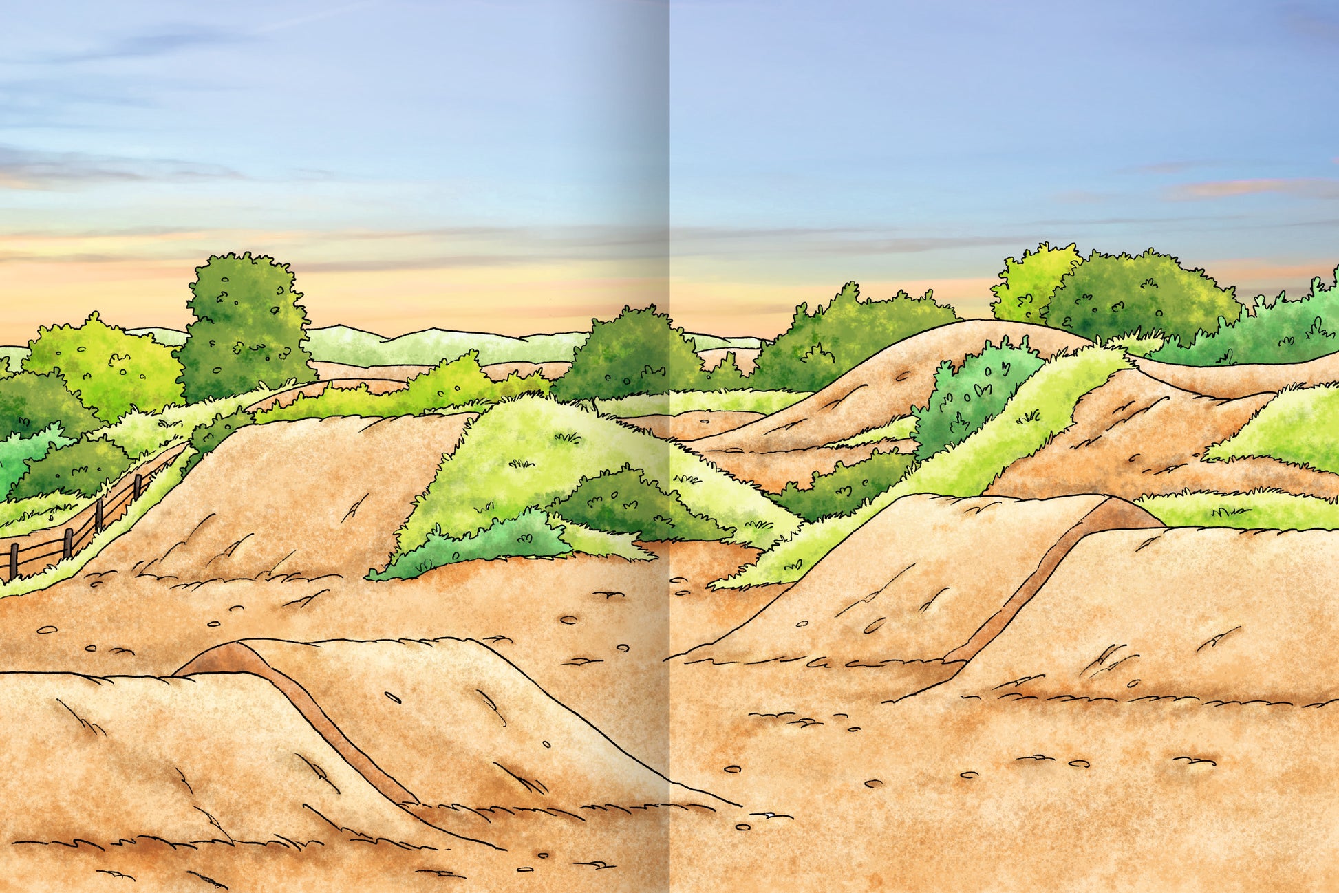 Gezeigt wird eine Innen- oder Zusatzansicht von „Erstes Stickern – Fahrzeuge“. Die Illustration zeigt eine sanfte, hügelige Landschaft mit weichen, natürliche Farben. Die Erdtöne dominieren, ergänzt durch lebendige Grüntöne der Vegetation und einen sanften blauen Himmel. Die Typografie ist verspielt und kindgerecht, ideal für die Zielgruppe. Die gesamte Darstellung strahlt eine einladende und freundliche Atmosphäre aus, die zum Kreativsein anregt.