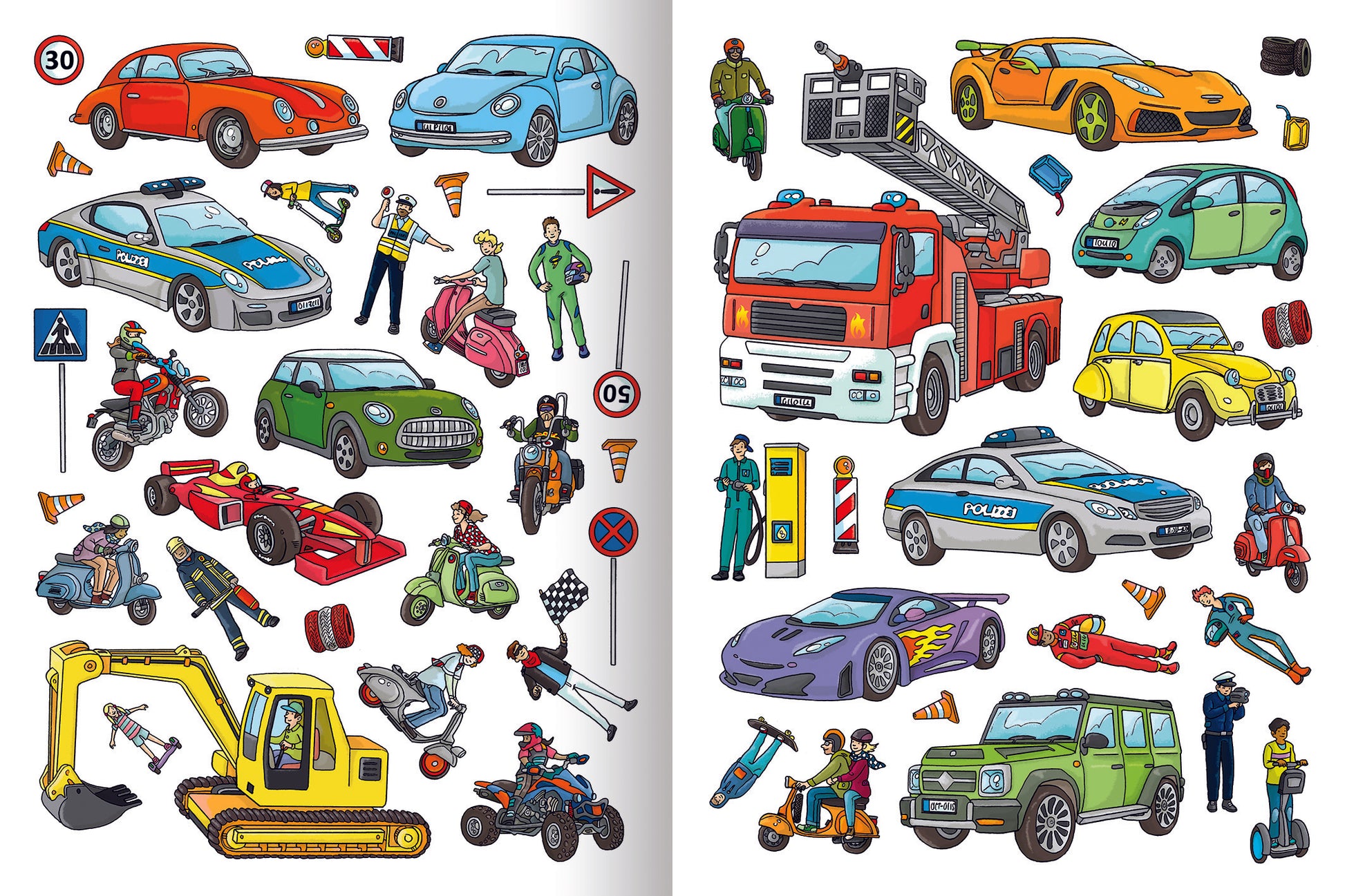 Gezeigt wird eine Innen- oder Zusatzansicht von „Erstes Stickern – Fahrzeuge“. Die Seite präsentiert eine bunte Ansammlung von Fahrzeugen, darunter PKWs, Lkw und Baumaschinen. Dominante Farben sind Blau, Rot und Gelb, ergänzt durch verschiedene Verkehrszeichen und Figuren in lebendigen Outfits. Die Illustrationen sind klar und kindgerecht gestaltet, wobei die Typografie einfache, gut lesbare Schriftarten verwendet. Die Anordnung der Elemente fördert eine spielerische Entdeckung.