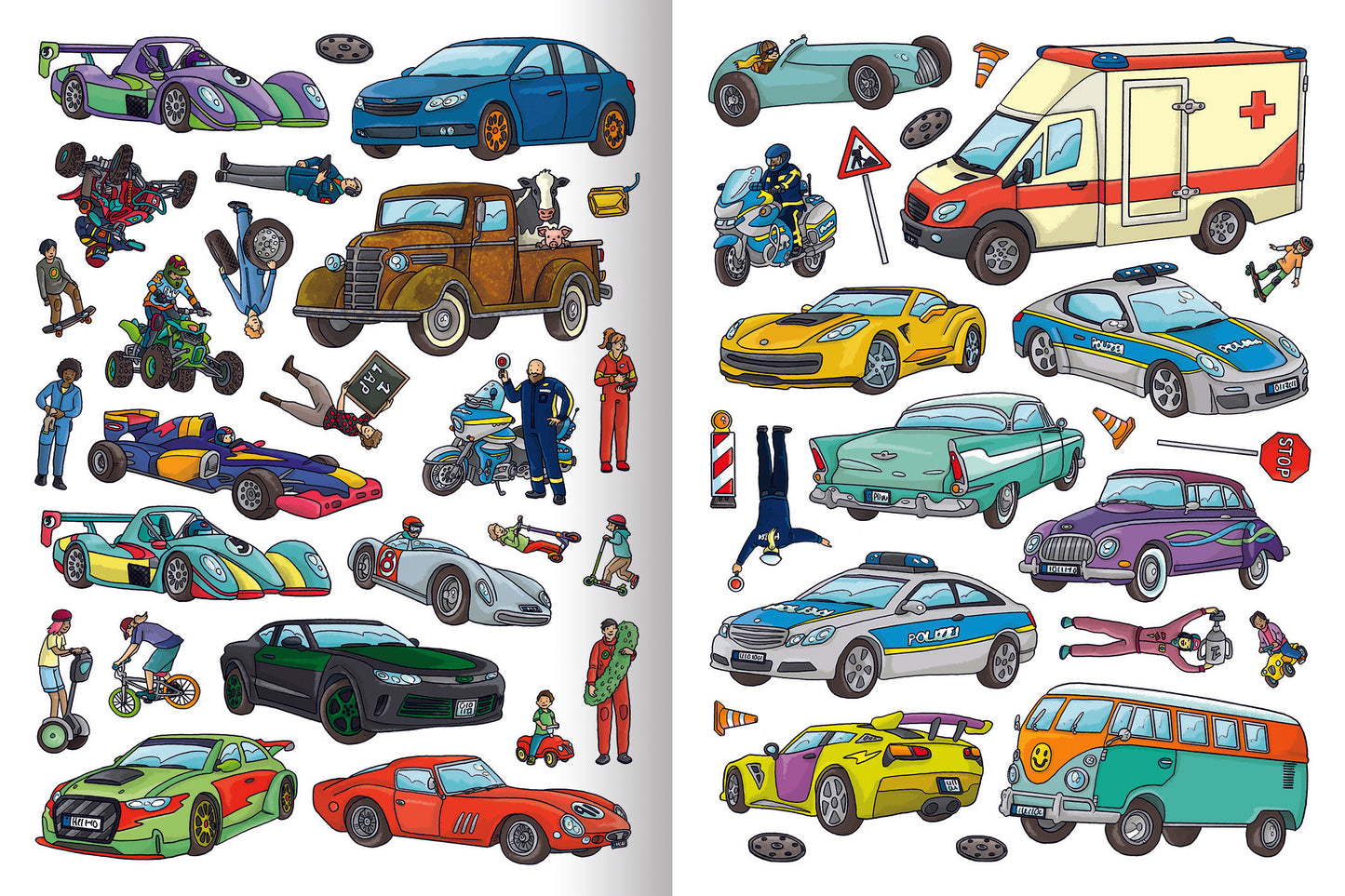 Gezeigt wird eine Innen- oder Zusatzansicht von „Erstes Stickern – Fahrzeuge“. Die Seite präsentiert eine Vielzahl farbenfroher Fahrzeuge, darunter Sportwagen, Polizei- und Rettungsfahrzeuge sowie Rennwagen in lebhaften Farben wie Blau, Rot, Gelb und Grün. Außerdem sind verschiedene Figuren und Verkehrssymbole abgebildet. Die Illustrationen sind in einer klaren, kinderfreundlichen Typografie gehalten und laden zum Entdecken und Spielen ein.