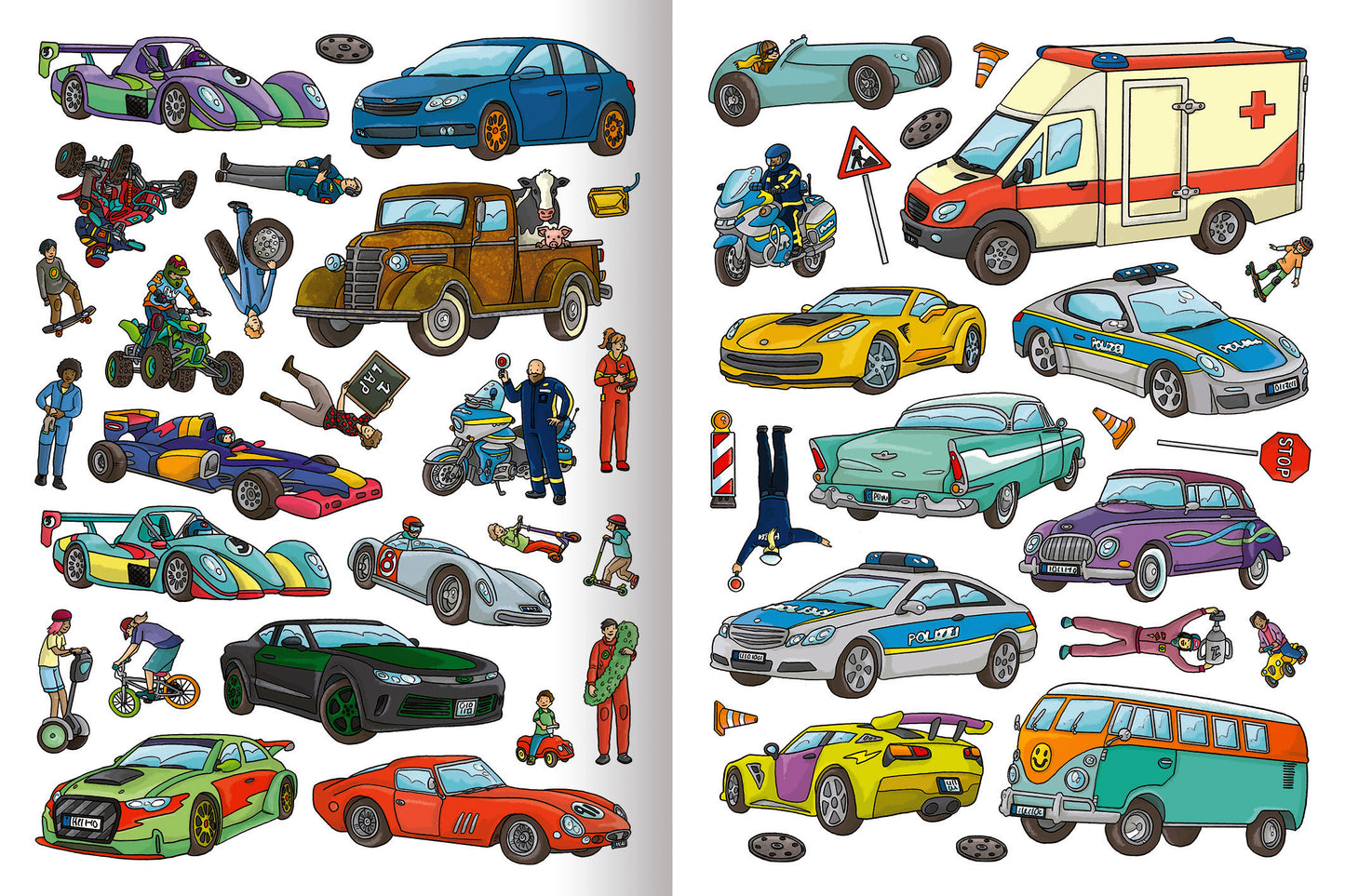 Gezeigt wird eine Innen- oder Zusatzansicht von „Erstes Stickern – Fahrzeuge“. Die Seite präsentiert eine Vielzahl farbenfroher Fahrzeuge, darunter Sportwagen, Polizei- und Rettungsfahrzeuge sowie Rennwagen in lebhaften Farben wie Blau, Rot, Gelb und Grün. Außerdem sind verschiedene Figuren und Verkehrssymbole abgebildet. Die Illustrationen sind in einer klaren, kinderfreundlichen Typografie gehalten und laden zum Entdecken und Spielen ein.