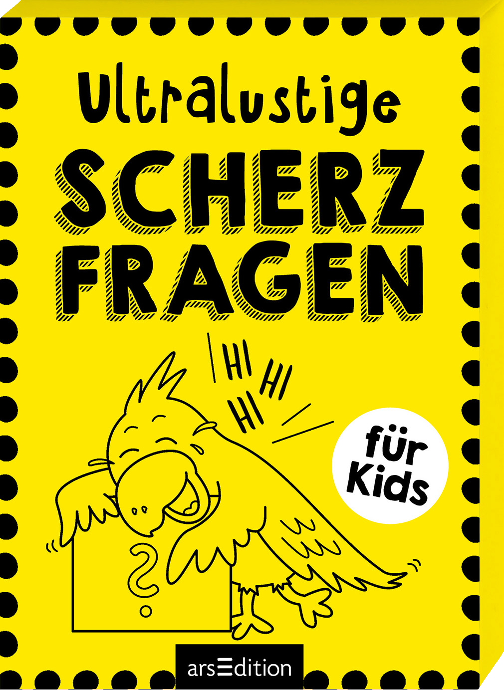 Gezeigt wird die 3D-ansicht der Kartenbox. Auf leuchtend gelbem Hintergrund steht in großen, fetten Buchstaben „Ultralustige SCHERZFRAGEN“. Ein stilisierter Vogel lacht Tränen und lehnt sich dabei an ein Quadrat auf dem ein Fragezeichen steht. Über dem Vogel sind Lachlaute dargestellt. In einem weißen, runden Feld steht der Zusatz „für Kids“. Der Cover ist humorvoll und einladend gestaltet. Ganz unten mittig steht der Logoschriftzug von arsEdition.