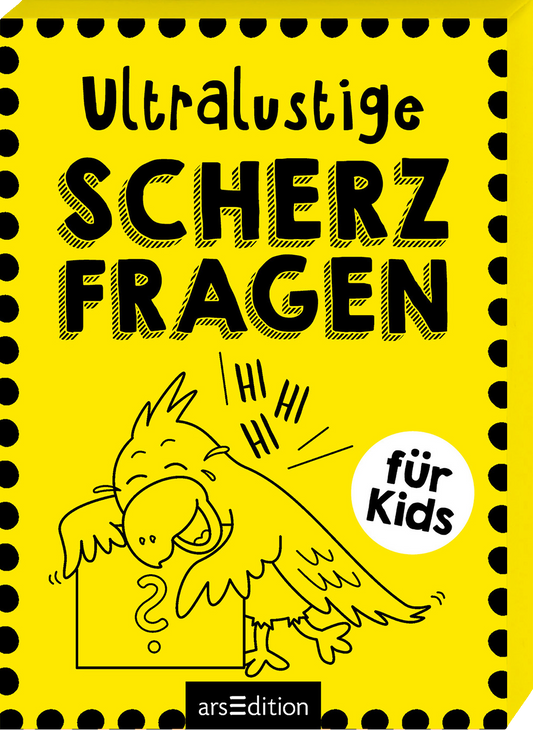 Gezeigt wird die 3D-ansicht der Kartenbox. Auf leuchtend gelbem Hintergrund steht in großen, fetten Buchstaben „Ultralustige SCHERZFRAGEN“. Ein stilisierter Vogel lacht Tränen und lehnt sich dabei an ein Quadrat auf dem ein Fragezeichen steht. Über dem Vogel sind Lachlaute dargestellt. In einem weißen, runden Feld steht der Zusatz „für Kids“. Der Cover ist humorvoll und einladend gestaltet. Ganz unten mittig steht der Logoschriftzug von arsEdition.