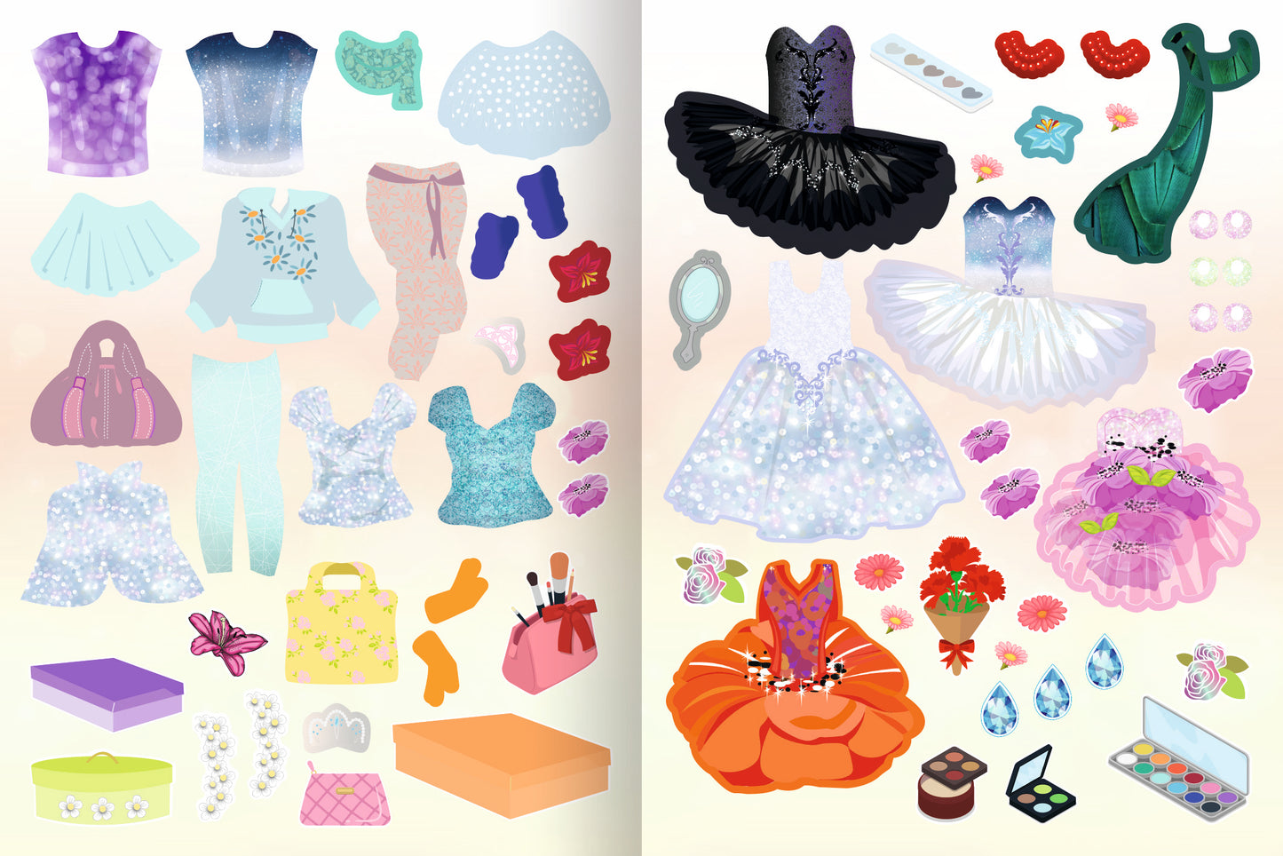 Gezeigt wird eine Innen- oder Zusatzansicht von „Sticker-Anziehpuppen – Ballerina“. Die Darstellung zeigt eine Vielzahl von bunten Kleidungsstücken und Accessoires für Ballerinas. Es sind fröhliche Farben wie Lila, Rosa und Blau zu sehen. Die verschiedenen Outfits, darunter Tutus, Kleider und Schuhe, sind klar voneinander abgegrenzt und laden zum kreativen Gestalten ein.