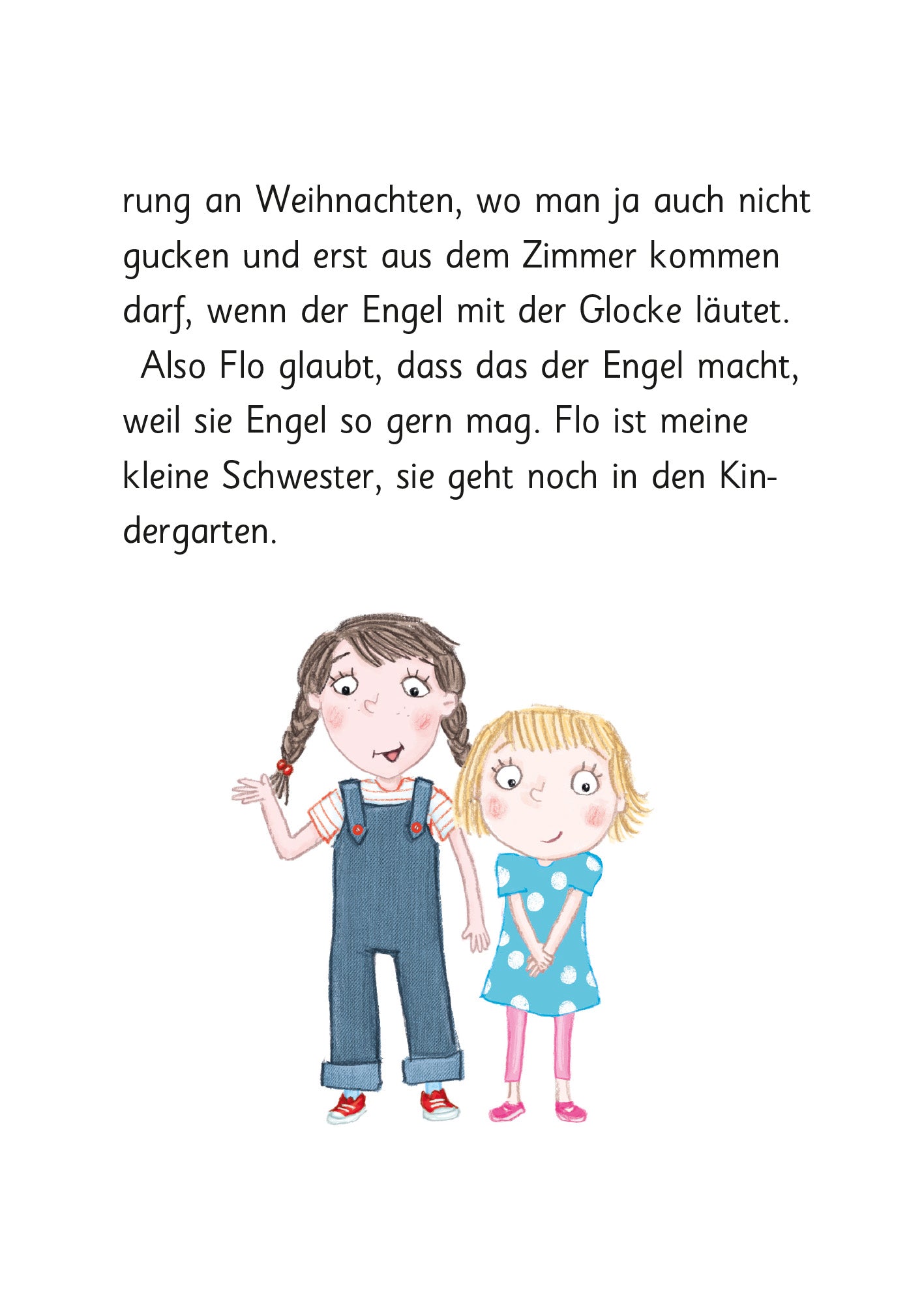 Gezeigt wird eine Innen- oder Zusatzansicht von „Ziemlich beste Schwestern – Total schief gewickelt“. Die Illustration zeigt zwei fröhliche Mädchen, die nebeneinander stehen. Das erste Mädchen trägt eine blauen Latzhose mit einem weißen T-Shirt, das zweite trägt ein hellblaues Kleid und rosa Leggings. Die Haarfarben sind braun und blond, beide Kinder lächeln herzlich. Der Text ist in schwarzer, klarer Schrift auf weißem Hintergrund und vermittelt eine kindgerechte, einladende...