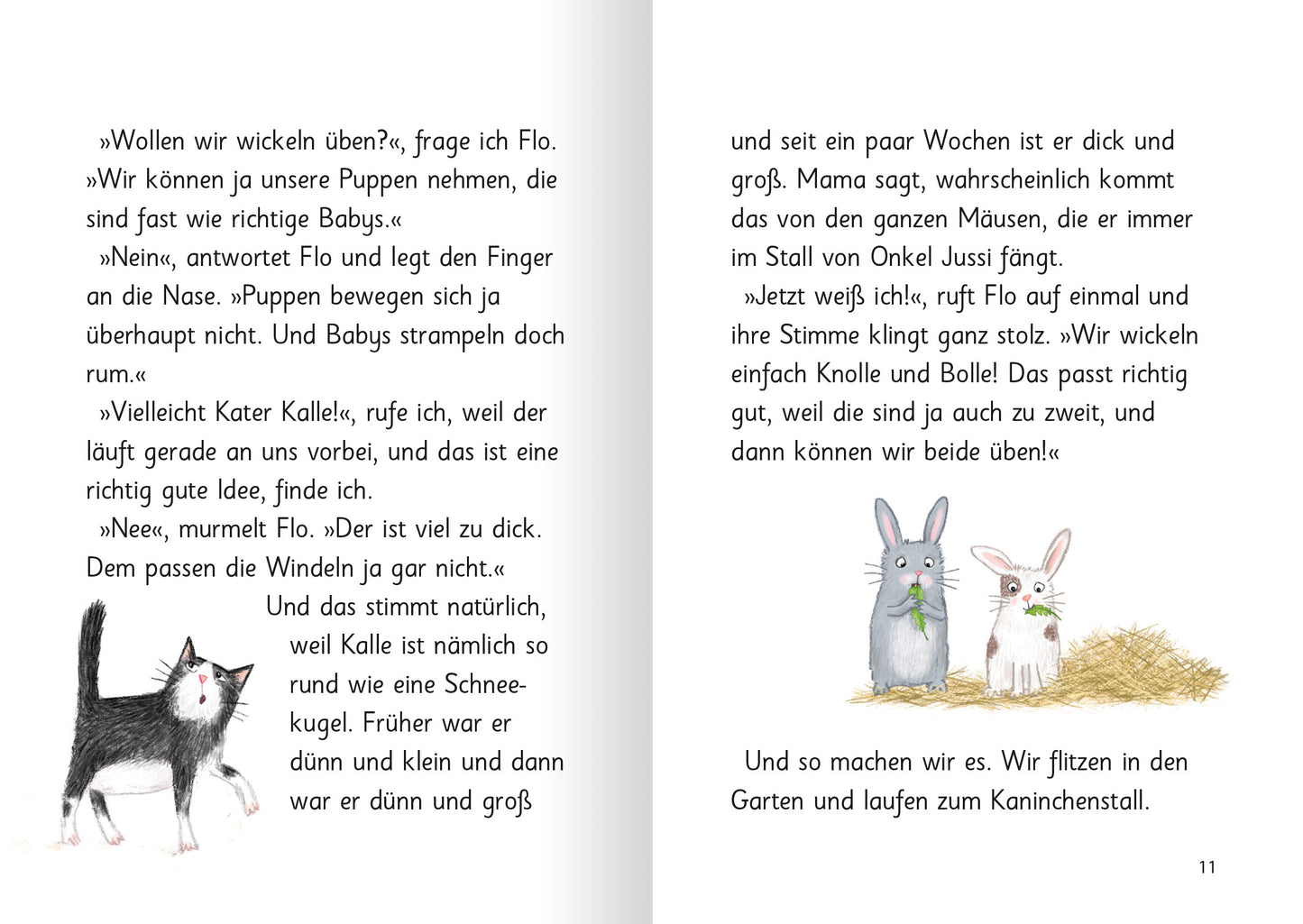Gezeigt wird eine Innen- oder Zusatzansicht von „Ziemlich beste Schwestern – Total schief gewickelt“. Links ist eine Illustration eines schwarzen Katers mit großen, neugierigen Augen, rechts zwei Kaninchen. Die Schrift ist klar und gut lesbar.