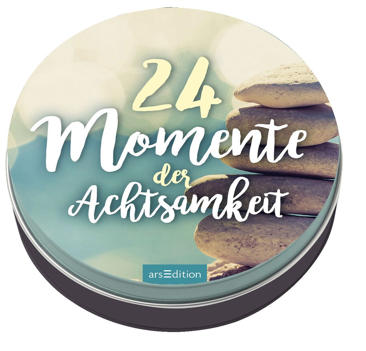 Das Cover zeigt eine sanfte, harmonische Farbpalette in Blau- und Beigetönen mit einem verschwommenen Hintergrund, der eine beruhigende Atmosphäre vermittelt. Im Vordergrund sind drei gestapelte Steine zu sehen. Der Titel „24 Momente der Achtsamkeit“ ist in einer kontrastierenden, verspielten Schriftart gehalten, wobei „24“ in gelb hervorsticht. Es sind keine Urhebernamen sichtbar. Ganz unten mittig steht der Logoschriftzug von arsEdition.