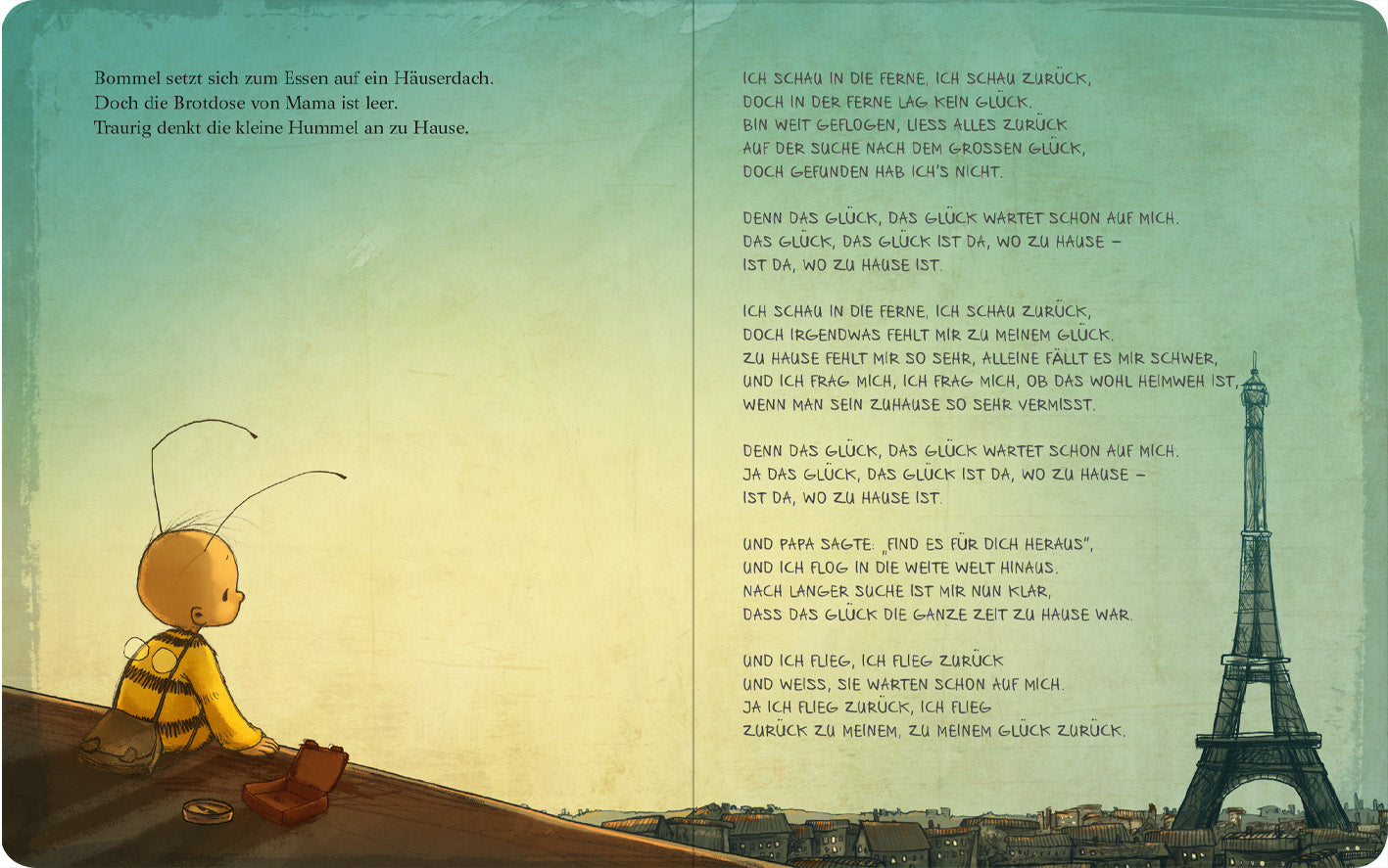 Gezeigt wird eine Innenansicht von „Die kleine Hummel Bommel sucht das Glück (Pappbilderbuch)“. Die Illustration zeigt die kleine Hummel, die auf einem Dach sitzt und über die Stadt und zum Eiffelturm schaut.