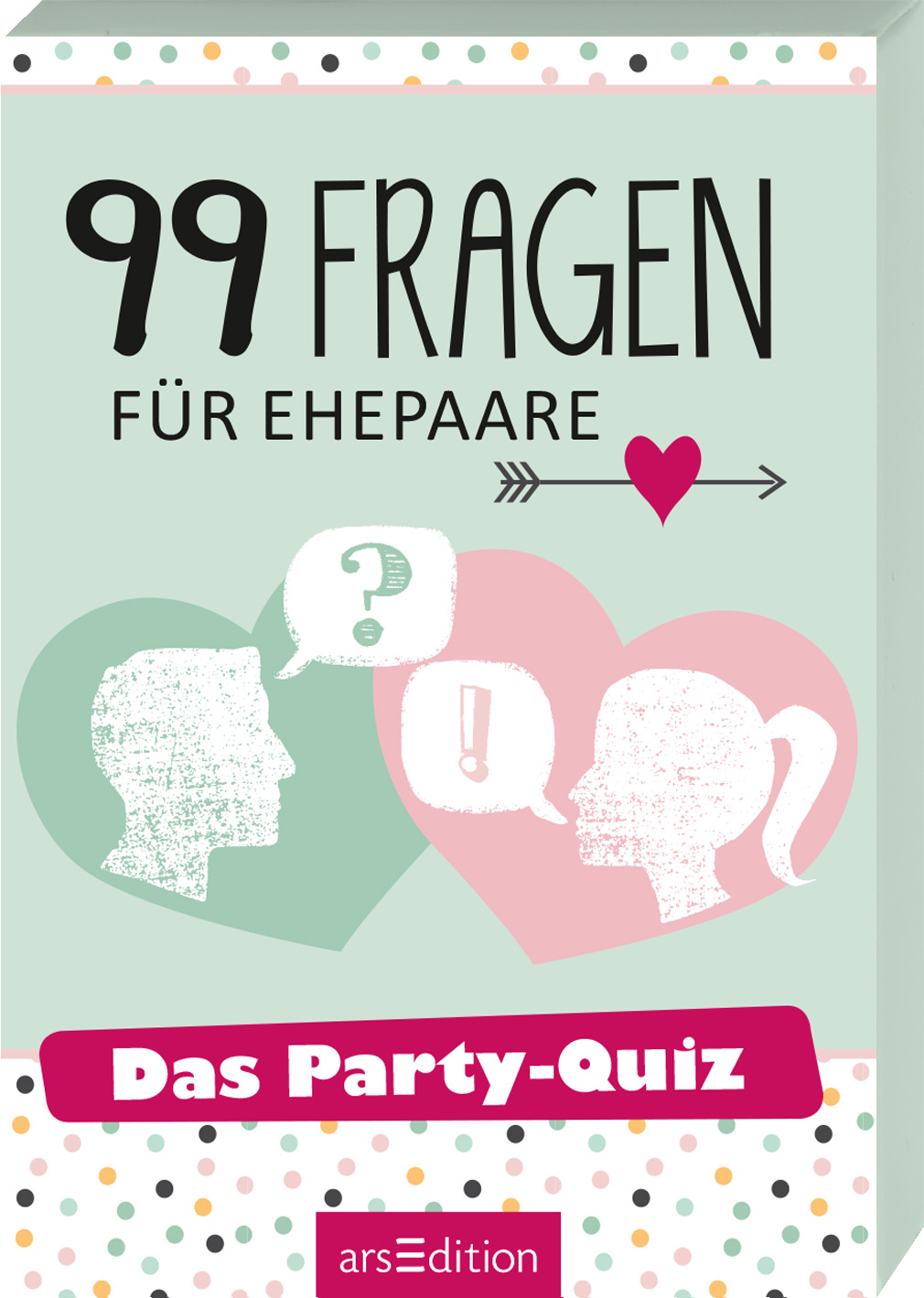 Das Buchcover zeigt den Titel „99 Fragen für Ehepaare“ in großen, schwarzen Buchstaben. Unter dem Titel steht in kleinerer, schwarzer Schrift „Das Party-Quiz“. Im Hintergrund sind zwei stilisierte Gesichter in hellblau und rosa in Form von Herzen zu sehen, die eine Frage- und Ausrufezeichen-Sprechblase halten. Der Farbton des Covers ist sanft grün, mit bunten Punkten am oberen Rand, die für eine fröhliche Atmosphäre sorgen. Ganz unten mittig steht der Logoschriftzug von arsEdition.