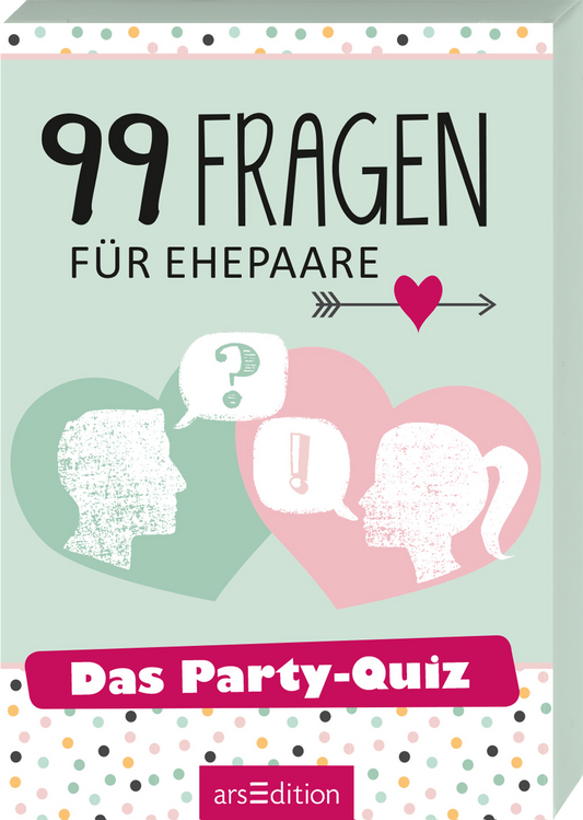 Das Buchcover zeigt den Titel „99 Fragen für Ehepaare“ in großen, schwarzen Buchstaben. Unter dem Titel steht in kleinerer, schwarzer Schrift „Das Party-Quiz“. Im Hintergrund sind zwei stilisierte Gesichter in hellblau und rosa in Form von Herzen zu sehen, die eine Frage- und Ausrufezeichen-Sprechblase halten. Der Farbton des Covers ist sanft grün, mit bunten Punkten am oberen Rand, die für eine fröhliche Atmosphäre sorgen. Ganz unten mittig steht der Logoschriftzug von arsEdition.