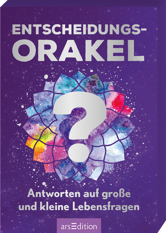 Das Buchcover zeigt einen lila Hintergrund mit einer stilisierten, bunten Mandala-Illustration. Im Zentrum befindet sich ein großes, weißes Fragezeichen, umrahmt von einem Farbverlauf, der von Blau zu Rot übergeht. Darüber steht in großen, weißen Buchstaben „ENTSCHEIDUNGS-“, während „ORAKEL“ direkt darunter in einer auffälligen Typografie platziert ist. Am unteren Rand des Covers findet sich der Untertitel „Antworten auf große und kleine Lebensfragen“. Ganz unten mittig...