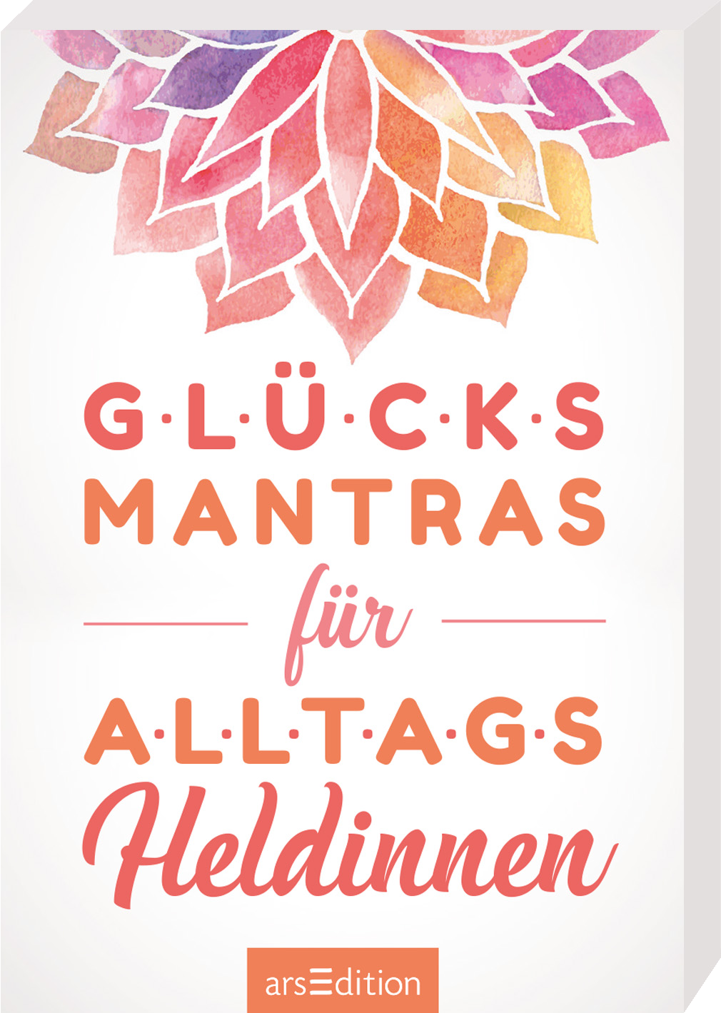 Das Buchcover zeigt eine farbenfrohe, aquarellierte Blumenmusterung in lila, pink und orange, die den oberen Bereich dominiert. Darunter steht in großer, klarer Schrift der Titel „GLÜCKS-MANTRAS“, gefolgt von „für ALLTAGS-HELDINNEN“ in einer verspielten, handschriftartigen Typografie. Die Schrift ist in kräftiger oranger Farbe gehalten, was einen positiven Eindruck vermittelt. Ganz oben auf dem Cover findet sich ein SPIEGEL-Bestseller-Button mit dem textlichen Hinweis...