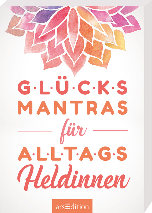 Das Buchcover zeigt eine farbenfrohe, aquarellierte Blumenmusterung in lila, pink und orange, die den oberen Bereich dominiert. Darunter steht in großer, klarer Schrift der Titel „GLÜCKS-MANTRAS“, gefolgt von „für ALLTAGS-HELDINNEN“ in einer verspielten, handschriftartigen Typografie. Die Schrift ist in kräftiger oranger Farbe gehalten, was einen positiven Eindruck vermittelt. Ganz oben auf dem Cover findet sich ein SPIEGEL-Bestseller-Button mit dem textlichen Hinweis...