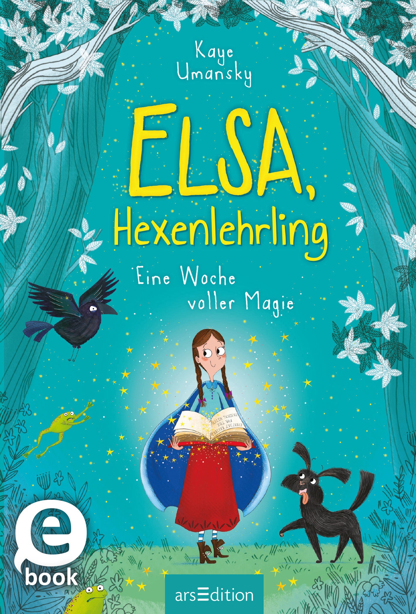 Das Buchcover zeigt auf einem türkisfarbenen Hintergrund die Protagonistin Elsa, die mit einem magischen Buch in den Händen lächelt. Um sie herum sieht man eine schwarze Krähe und einen Hund. Der Titel „ELSA, Hexenlehrling“ ist in großen, gelben Buchstaben oberhalb von Elsa platziert. Darunter steht der Untertitel „Eine Woche voller Magie“ in einer kleineren Schrift. Oben mittig ist der Name der Autorin Kaye Umansky zu sehen. Ganz unten mittig steht der Logoschriftzug von...