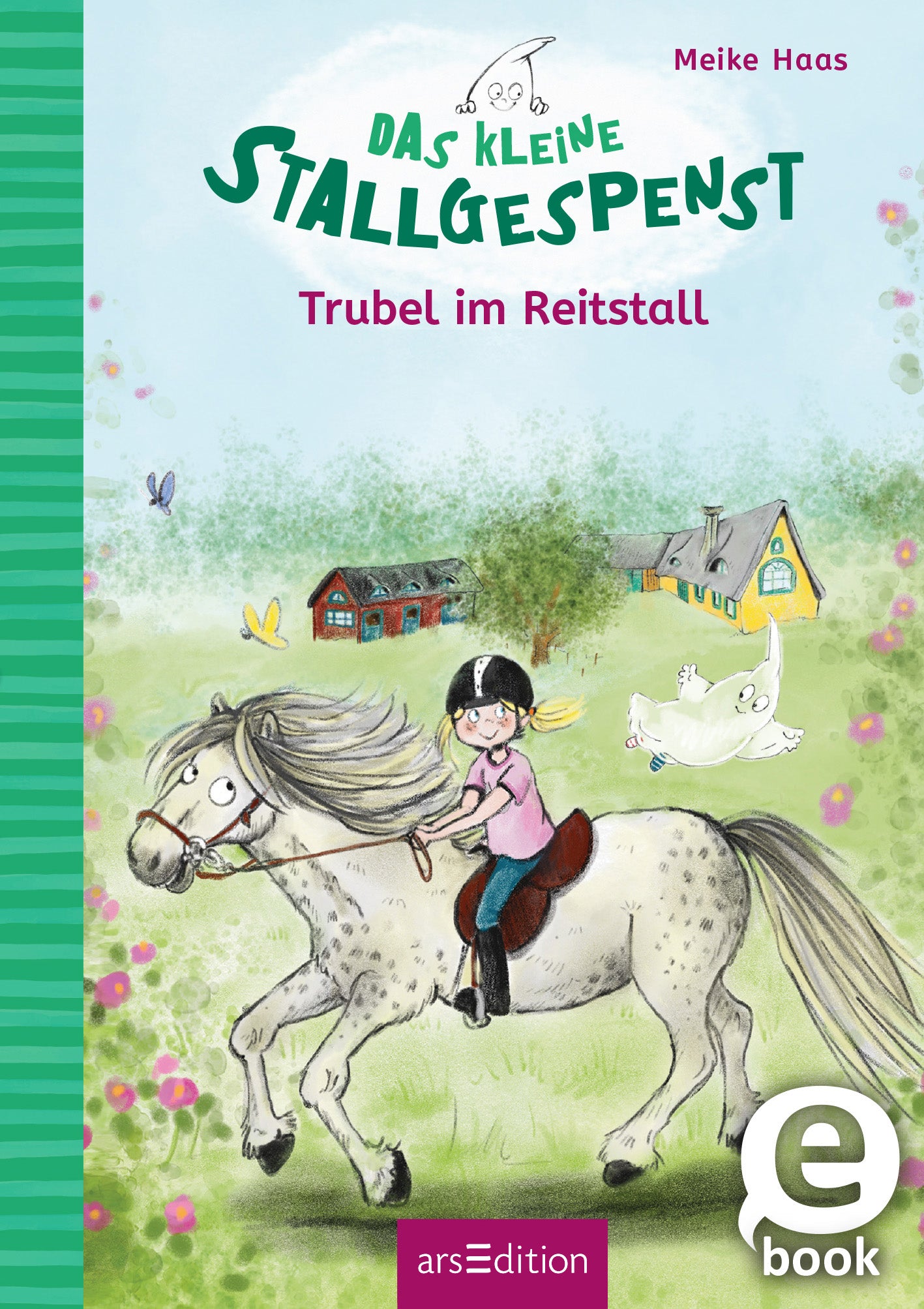 Das Buchcover zeigt ein fröhliches, kindgerechtes Illustrationsdesign. Im Vordergrund reitet ein Mädchen auf einem Pony, beide mit fröhlichen Gesichtsausdrücken. Im Hintergrund sind zwei farbenfrohe Scheunen und sanfte Gräser zu sehen. Der Titel „Das kleine Stallgespenst“ in verspieltem, grünem Schriftzug und der Untertitel „Trubel im Reitstall“ in einer kleineren Schriftart schaffen eine einladende Atmosphäre. Ein „SPIEGEL-Bestseller“-Button ist in der oberen linken Ecke...