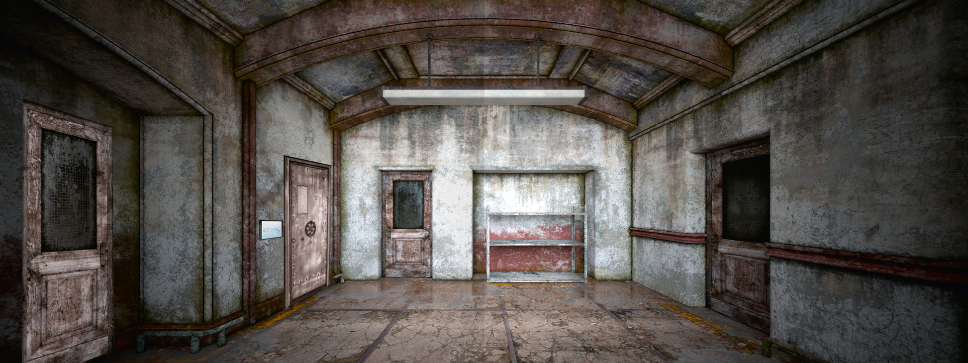 Gezeigt wird eine Innenansicht von „Escape Room. Der erste Escape-Adventskalender“. Der Raum hat eine veraltete, heruntergekommene Ästhetik mit grauen, schmutzigen Wänden und einem unebenen Boden. Die Decke ist hoch, und eine helle Leuchte hängt in der Mitte. Mehrere Türen aus Holz sind sichtbar, mit abblätternder Farbe, sowie Schwellen, die den Raum abtrennen. Die Atmosphäre wirkt mysteriös und klaustrophobisch, ideal für ein Escape Room-Szenario.