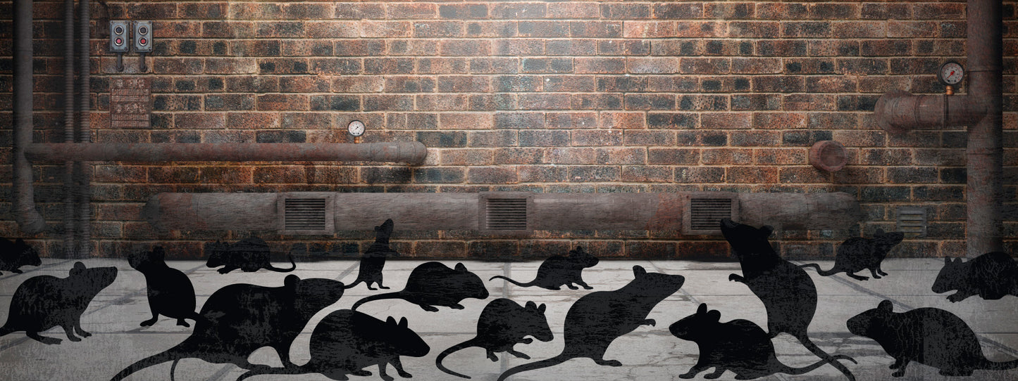 Gezeigt wird eine Innen- oder Zusatzansicht von „Escape Room. Der erste Escape-Adventskalender“. Die Szene zeigt eine düstere Backsteinwand in Grautönen, die mit Rohren versehen ist. Im Vordergrund sind mehrere stilisierte, schwarze Ratten silhouettiert abgebildet, die sich auf einem hellen Boden bewegen. Der Einsatz von dunklen und hellen Farbtönen schafft einen starken Kontrast.