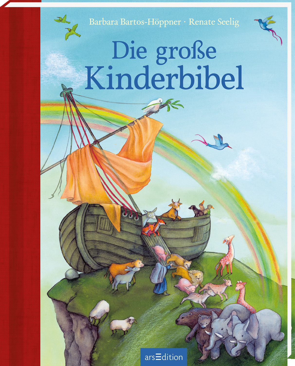 Das Buchcover zeigt ein farbenfrohes, fantasievolles Bild mit einem großen, historischen Schiff, das in einer lebhaften Landschaft mit einem Regenbogen dargestellt ist. Um das Schiff versammeln sich zahlreiche Tiere sowie fröhliche Figuren, die eine verspielte Atmosphäre erzeugen. Der Titel „Die große Kinderbibel“ ist in einer freundlichen, blauen Schrift im oberen Bereich angeordnet. Ganz unten mittig steht der Logoschriftzug von arsEdition.