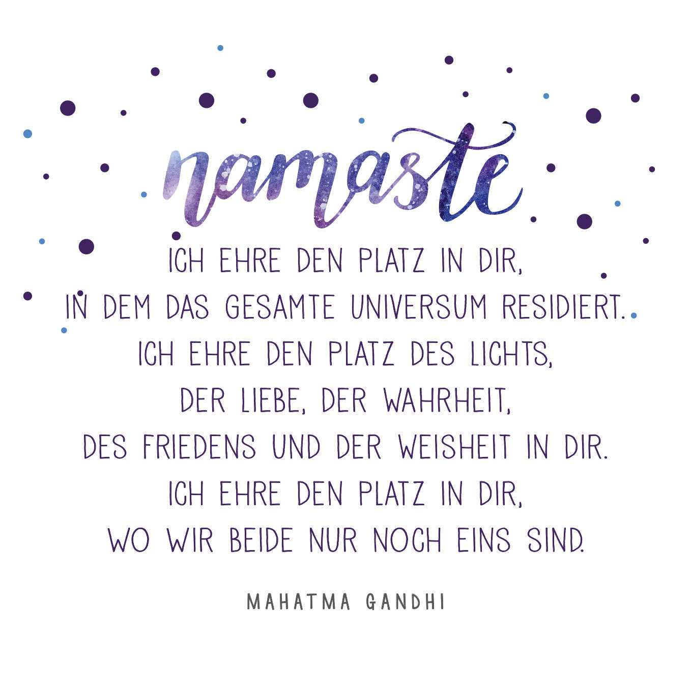 Gezeigt wird eine Innen- oder Zusatzansicht von „Achtsamkeit für dich“. Die Ansicht zeigt den Schriftzug „namaste“ in geschwungener, lila-himmlischer Typografie, darunter folgt ein aus mehreren Zeilen bestehender, klar lesbarer Text in schwarzer Schrift. Der Hintergrund ist hell und mit sanften, blauen und lila Punkten verziert. Die Gestaltung vermittelt ein Gefühl von Ruhe und Achtsamkeit, unterstützt durch eine harmonische Farbpalette.