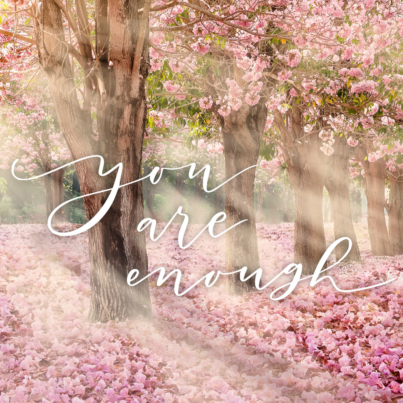 Gezeigt wird eine Innen- oder Zusatzansicht von „Achtsamkeit für dich“. Die Darstellung zeigt eine romantische, blühende Baumallee, umgeben von rosa Blütenblättern, die den Boden bedecken. In der Mitte des Bildes steht der geschwungene Schriftzug „you are enough“ in eleganter, verspielter Typografie. Die Farbpalette ist sanft und einladend, dominiert von verschiedenen Rosa- und Grüntönen, die eine beruhigende Atmosphäre schaffen.
