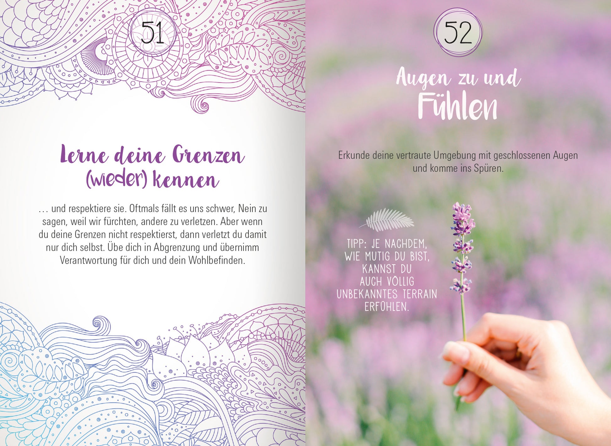 Gezeigt wird eine Innen- oder Zusatzansicht von „Achtsamkeit für dich“. Auf der linken Seite wird der Text „Lerne deine Grenzen (wieder) kennen“ in lila Schrift präsentiert, umrahmt von zarten, aquarellartigen Mustern in Blau und Rosa. Rechts steht der Titel „Augen zu und Fühlen“ in einer eleganten, weißen Schrift. Darunter befindet sich eine Hand, die eine Lavendelblüte hält, vor einem unscharfen, lila blühenden Hintergrund. Die Gestaltung ist harmonisch und beruhigend.