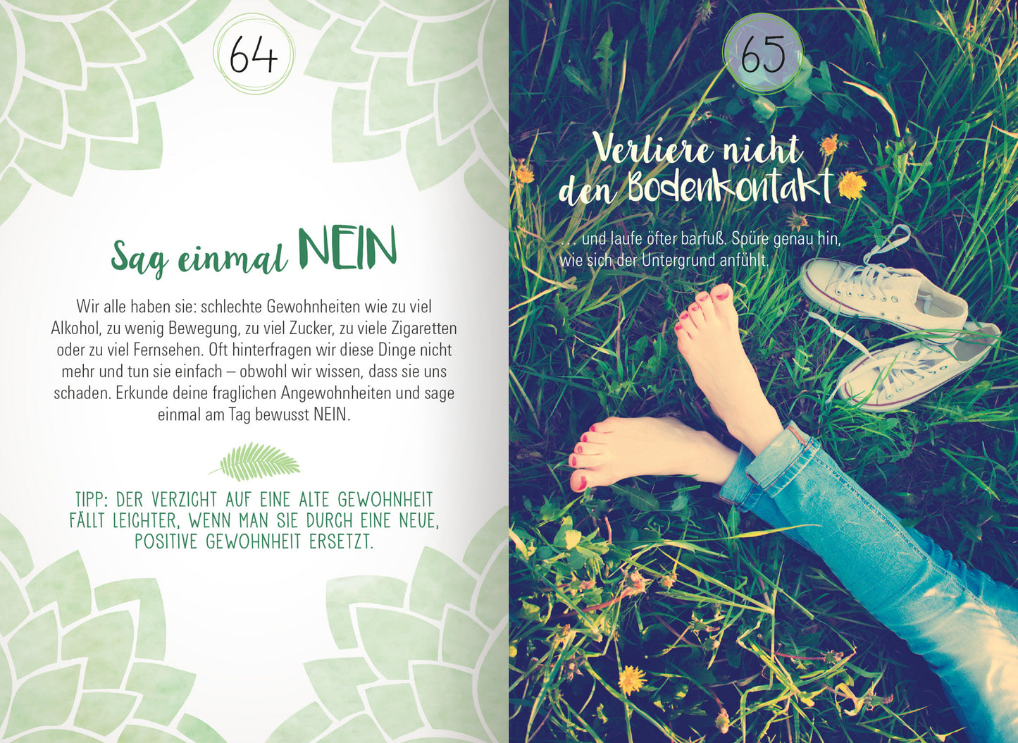 Gezeigt wird eine Innenansicht von „Achtsamkeit für dich“. Auf der linken Seite befindet sich eine helle, sanfte Seitenfarbe mit grünen lotusblütenartigen Mustern. Der Text in kräftigem Schwarz trägt die Überschrift „Sag einmal NEIN“ und ist klar strukturiert. Auf der rechten Seite dominieren lebendige Farben, das Bild zeigt Füße auf einer Wiese, umgeben von bunten Blumen. Der Text „Verliere nicht den Bodenkontakt“ in verschnörkelter Schrift ergänzt den visuellen Eindruck...