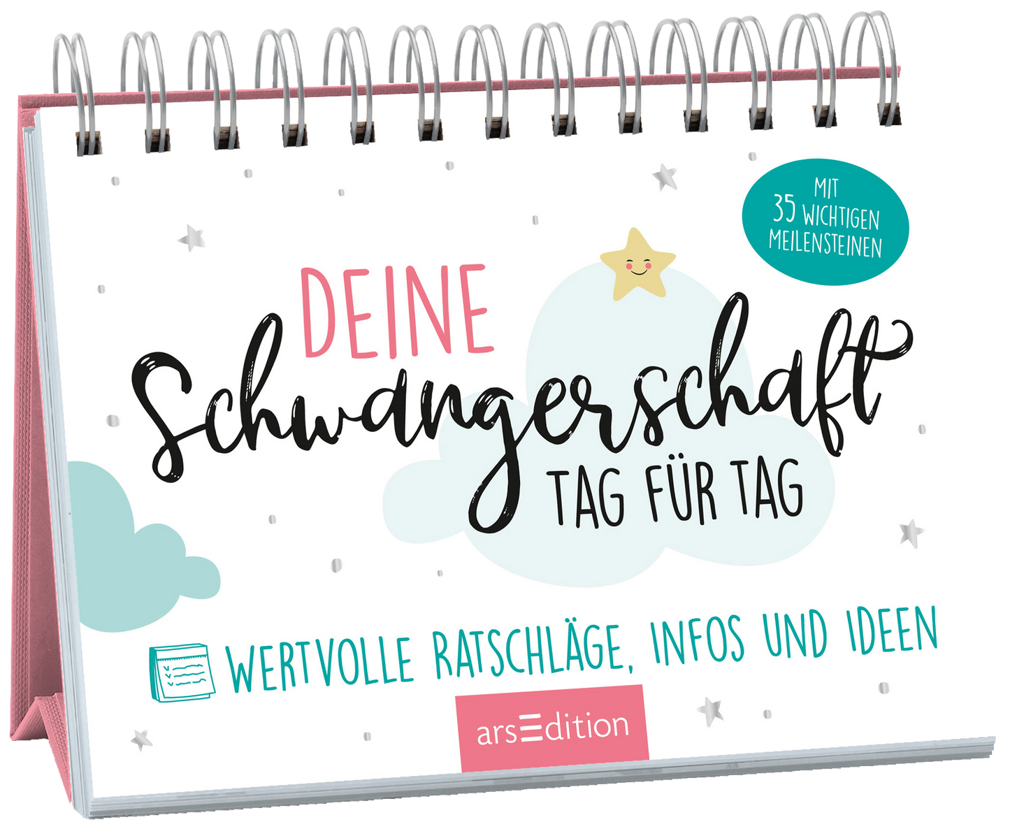 Das Buchcover zeigt den Titel „DEINE SCHWANGERSCHAFT TAG FÜR TAG“ in verspielter Schrift, wobei „DEINE“ in einem sanften Pink und „SCHWANGERSCHAFT TAG FÜR TAG“ in schwungvollem Schwarz dargestellt ist. Über dem Titel schimmert eine kleine, gelbe Sternenfigur. Im Hintergrund sind stilisierte, blaue Wolken und silberne Sterne zu sehen. Ein Hinweis auf „MIT 35 WICHTIGEN MEILENSTEINEN“ ist in einem grünen Kreis abgedruckt. Ganz unten mittig steht der Logoschriftzug von...