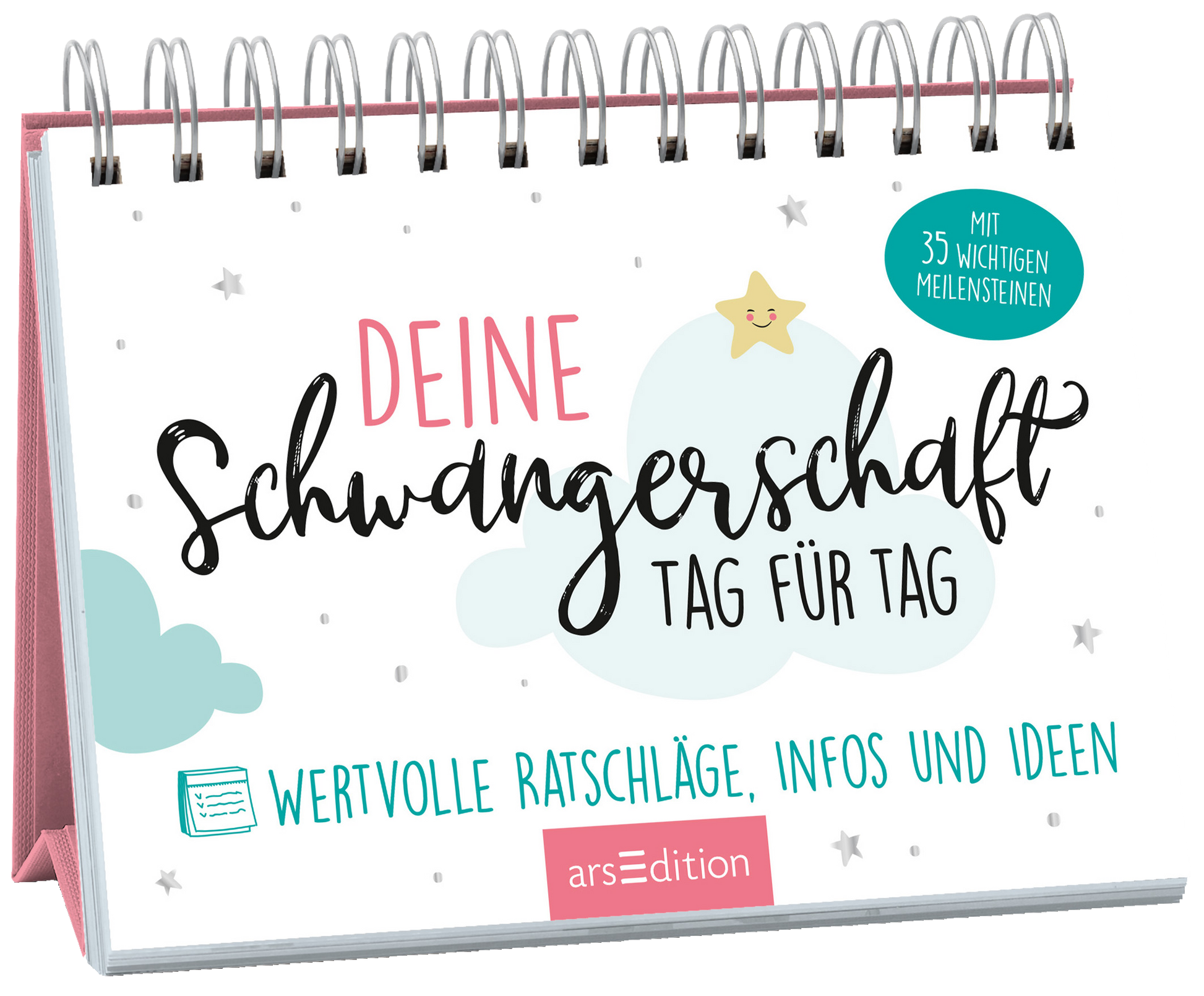 Das Buchcover zeigt den Titel „DEINE SCHWANGERSCHAFT TAG FÜR TAG“ in verspielter Schrift, wobei „DEINE“ in einem sanften Pink und „SCHWANGERSCHAFT TAG FÜR TAG“ in schwungvollem Schwarz dargestellt ist. Über dem Titel schimmert eine kleine, gelbe Sternenfigur. Im Hintergrund sind stilisierte, blaue Wolken und silberne Sterne zu sehen. Ein Hinweis auf „MIT 35 WICHTIGEN MEILENSTEINEN“ ist in einem grünen Kreis abgedruckt. Ganz unten mittig steht der Logoschriftzug von...