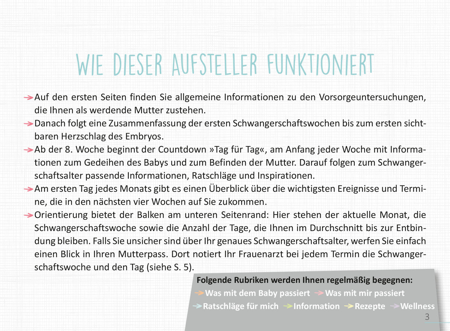 Gezeigt wird eine Innen- oder Zusatzansicht von „Deine Schwangerschaft, Tag für Tag“. Die Seite ist klar strukturiert mit ansprechendem Layout und überwiegend sanften Farben. Der Titel „Wie dieser Aufsteller funktioniert“ hebt sich durch eine große, moderne Schriftart ab. Wichtige Informationen sind in bullet points aufgelistet, um die Lesbarkeit zu erleichtern. Illustrationen und Icons unterstützen die Inhalte visuell und fördern das Verständnis der Themen rund um die...