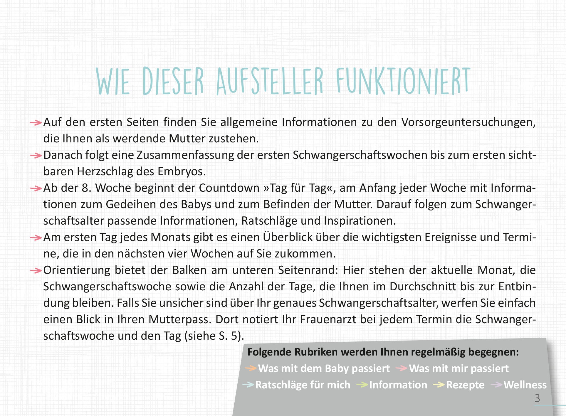 Gezeigt wird eine Innen- oder Zusatzansicht von „Deine Schwangerschaft, Tag für Tag“. Die Seite ist klar strukturiert mit ansprechendem Layout und überwiegend sanften Farben. Der Titel „Wie dieser Aufsteller funktioniert“ hebt sich durch eine große, moderne Schriftart ab. Wichtige Informationen sind in bullet points aufgelistet, um die Lesbarkeit zu erleichtern. Illustrationen und Icons unterstützen die Inhalte visuell und fördern das Verständnis der Themen rund um die...