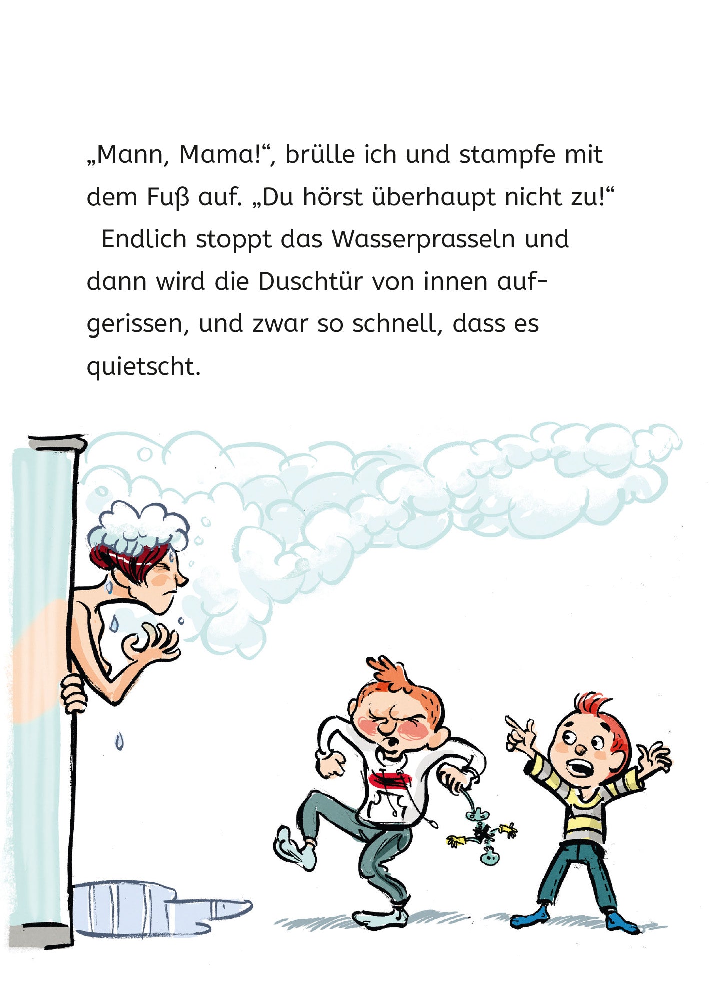 Gezeigt wird eine Innen- oder Zusatzansicht von „Ich und meine Chaos-Brüder – Alarmstufe Umzug“. Die Illustration zeigt zwei Kinder in einem Badezimmer, die mit einer Frau sprechen, die aus einer Duschkabine blickt. Darüber ist Text in schwarzer, serifenloser Schrift zu sehen.