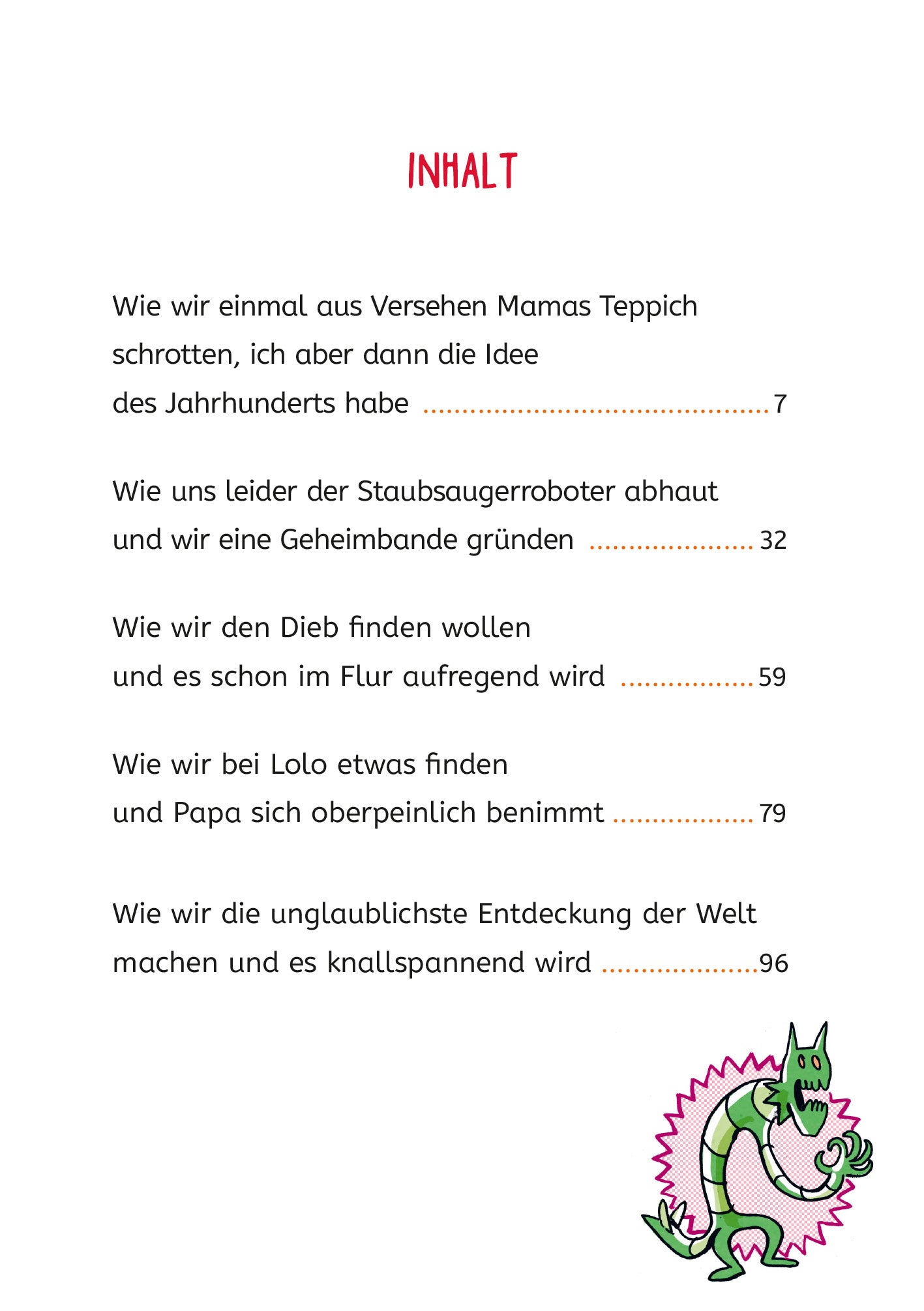 Gezeigt wird eine Innenansicht von „Ich und meine Chaos-Brüder – Hilfe, Staubsauger entlaufen!“. Die Seite präsentiert das Inhaltsverzeichnis in einer fröhlichen, kindgerechten Schriftart.