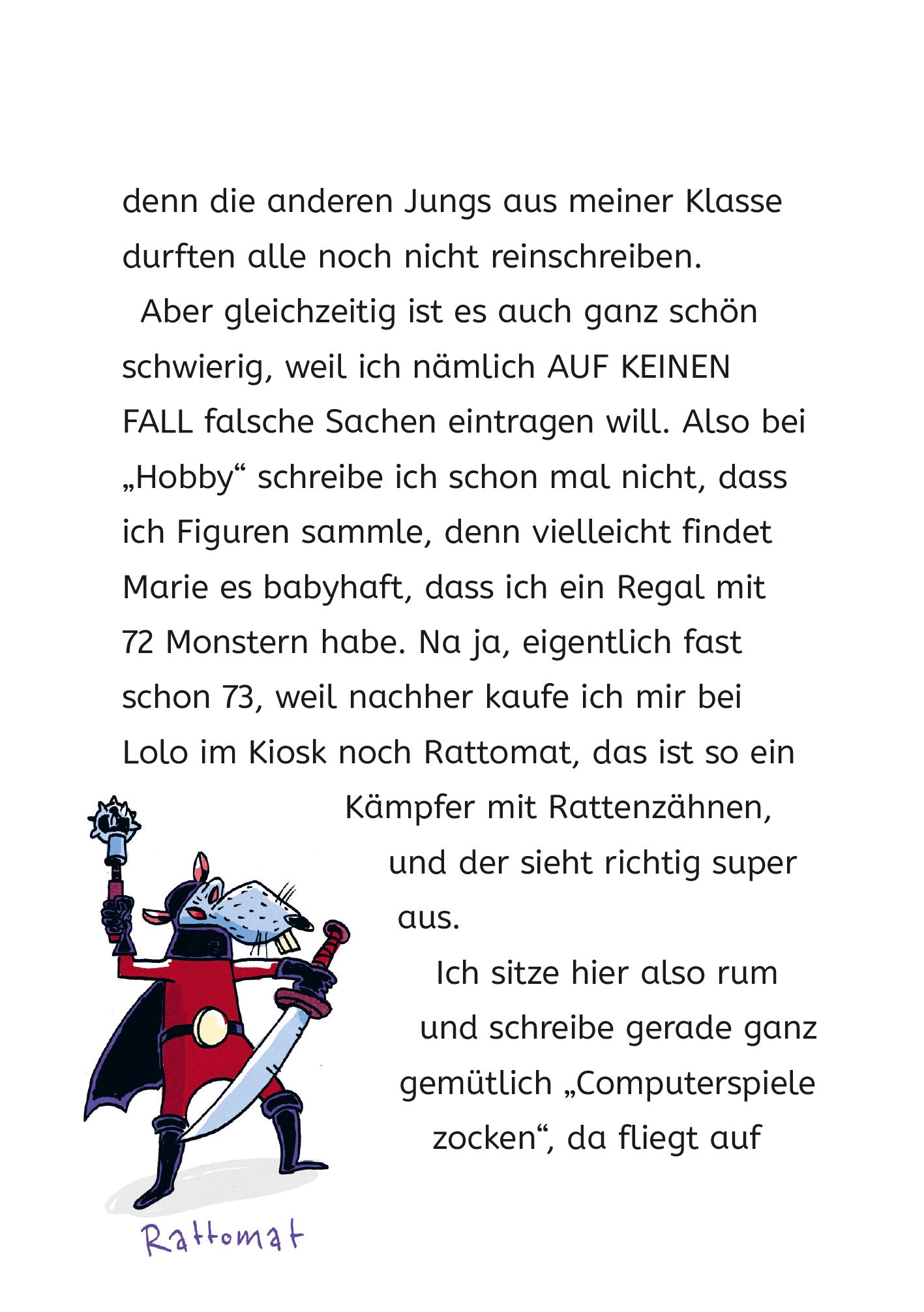 Gezeigt wird eine Innen- oder Zusatzansicht von „Ich und meine Chaos-Brüder – Hilfe, Staubsauger entlaufen!“. Die Seite ist in einem klaren Layout gehalten, mit viel Weißraum. Der Text ist in einer gut lesbaren, modernen Schriftart in Schwarz auf hellem Hintergrund. Im unteren Drittel der Seite befindet sich eine bunte, comicartige Illustration eines Charakters namens Rattomat, der in einem kreativen Outfit mit einem Schwert und einer Rattenmaske dargestellt ist.