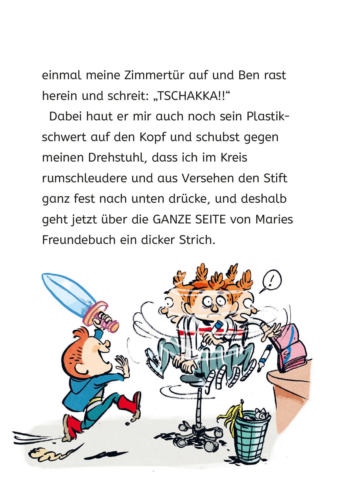 Gezeigt wird eine Innen- oder Zusatzansicht von „Ich und meine Chaos-Brüder – Hilfe, Staubsauger entlaufen!“. Die Seite zeigt neben Text eine Illustration im farbenfrohen Comic-Stil. Zentral ist ein Junge mit einem blauen Ritterschwert, der fröhlich mit einem anderen Jungen interagiert. Die Schrift ist klar und gut lesbar.