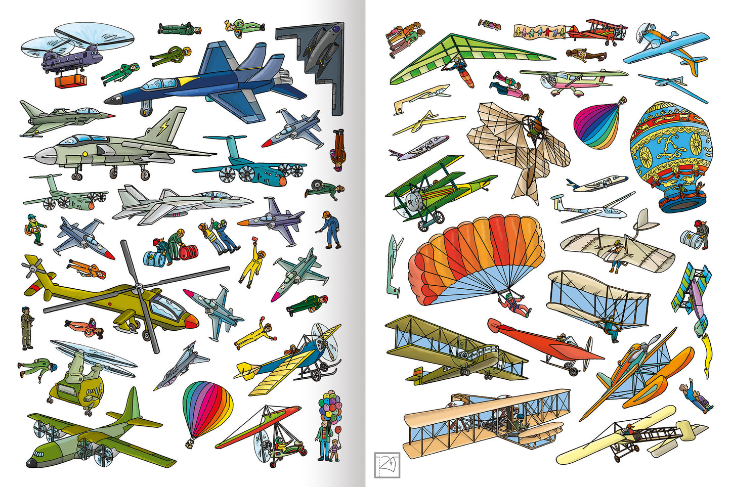 Gezeigt wird eine Innen- oder Zusatzansicht von „Erstes Stickern – Flughafen“. Die Seite zeigt eine bunte Ansammlung von verschiedenen Flugzeugen, Hubschraubern und anderen Luftfahrzeugen in lebhaften Farben wie Blau, Grün, Rot und Gelb. Es sind auch Menschen und bunte Heißluftballons zu sehen. Die Illustrationen sind klar und freundlich gestaltet, mit ausgeprägter Konturierung und spielerischer Typografie in einfachen, gut lesbaren Schriftarten.