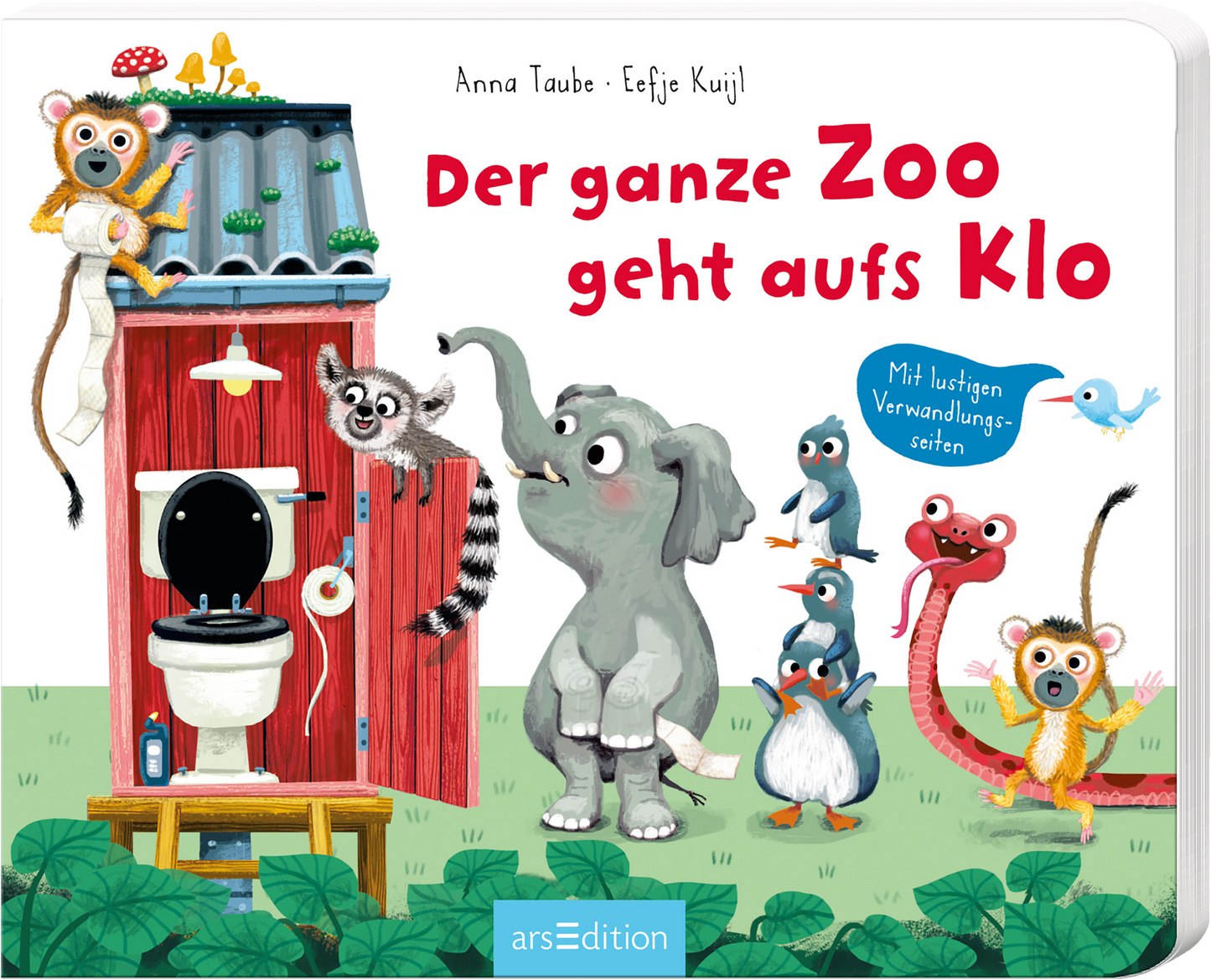 Das Cover zeigt eine humorvolle Szene mit bunten, cartoonhaften Tieren, die um ein rotes Toilettenhäuschen herumstehen. Im Vordergrund steht ein großer, grauer Elefant, während ein Waschbär neugierig auf dem Dach sitzt. Die Typografie des Titels „Der ganze Zoo geht aufs Klo“ ist in fröhlichen, bunten Buchstaben gehalten. Unter dem Titel befindet sich der Hinweis „Mit lustigen Verwandlungs-Seiten“ in einem blauen Sprechblasen-Design. Ganz unten mittig steht der Logoschriftzug von...