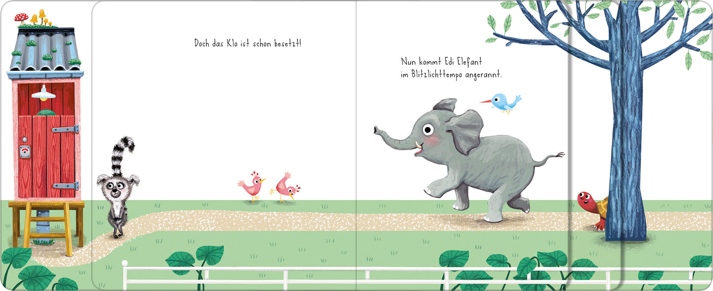 Gezeigt wird eine Innen- oder Zusatzansicht von „Der ganze Zoo geht aufs Klo“. Die Illustration zeigt einen bunten Zoo mit einem rot gestrichenen, kleinen Toilettenhäuschen auf der linken Seite. Darin ist ein Lemur zu sehen. Auf dem Weg geht ein grauer Elefant fröhlich und wird von zwei kleinen Vögeln begleitet. Der Hintergrund ist grün mit einem großen Baum und Pflanzen, die harmonisch in sanften Farben gestaltet sind. Die Schrift ist verspielt und gut lesbar.