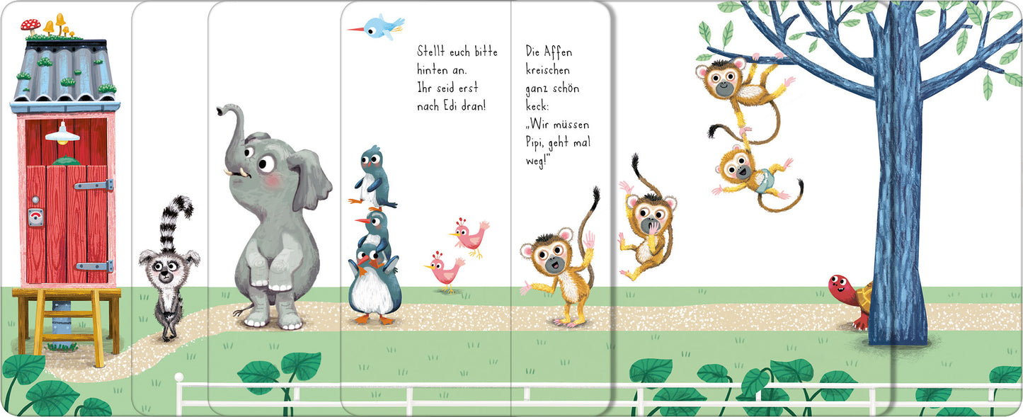 Gezeigt wird eine Innen- oder Zusatzansicht von „Der ganze Zoo geht aufs Klo“. Die Illustration zeigt eine bunte, fröhliche Szene im Zoo. Ein Elefant, ein Lemur, ein Pinguin und weitere Tiere stehen vor einer roten Toilettentür mit einem grünen Dach. Auf der rechten Seite sieht man einen Baum mit lustigen Affen, die umherhüpfen. Die Schrift ist klar und kindgerecht, in sanften Farben gehalten, die zur verspielten Stimmung der Seite beitragen.