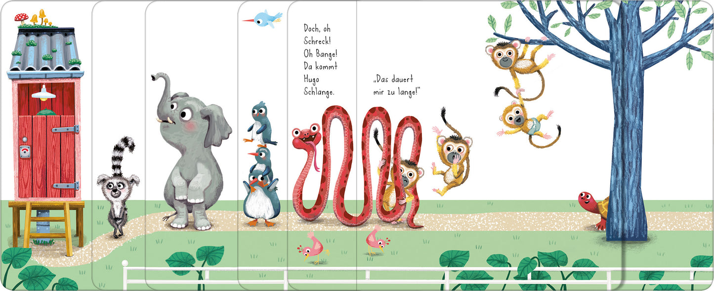 Gezeigt wird eine Innen- oder Zusatzansicht von „Der ganze Zoo geht aufs Klo“. Die Illustration zeigt einen bunten Zoo mit einem roten Toilettenhäuschen im Zentrum. Verschiedene tierische Charaktere, darunter ein Elefant, ein Lemur, und Papageien, stehen fröhlich zusammen und interagieren. Bäume und pflanzliche Elemente in sanften Grüntönen umgeben die Szene. Die Schrift ist spielerisch und einladend, um die Leser anzusprechen und die humorvolle Stimmung zu unterstreichen.