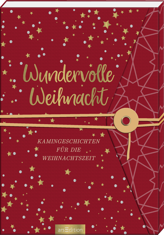 Das Buchcover zeigt einen tiefroten Hintergrund, bedeckt mit goldenen und silbernen Sternen sowie weißen Punkten, die eine festliche Atmosphäre schaffen. In der Mitte prangt der Titel „Wundervolle Weihnacht“ in eleganter, goldener Typografie. Darunter stehen die Worte „Kamingeschichten für die Weihnachtszeit“ in schlichter, weißer Schrift. Eine goldene Schleife und ein runder Verschlussbereich verleihen dem Cover eine charmante Note. Ganz unten mittig steht der Logoschriftzug von...