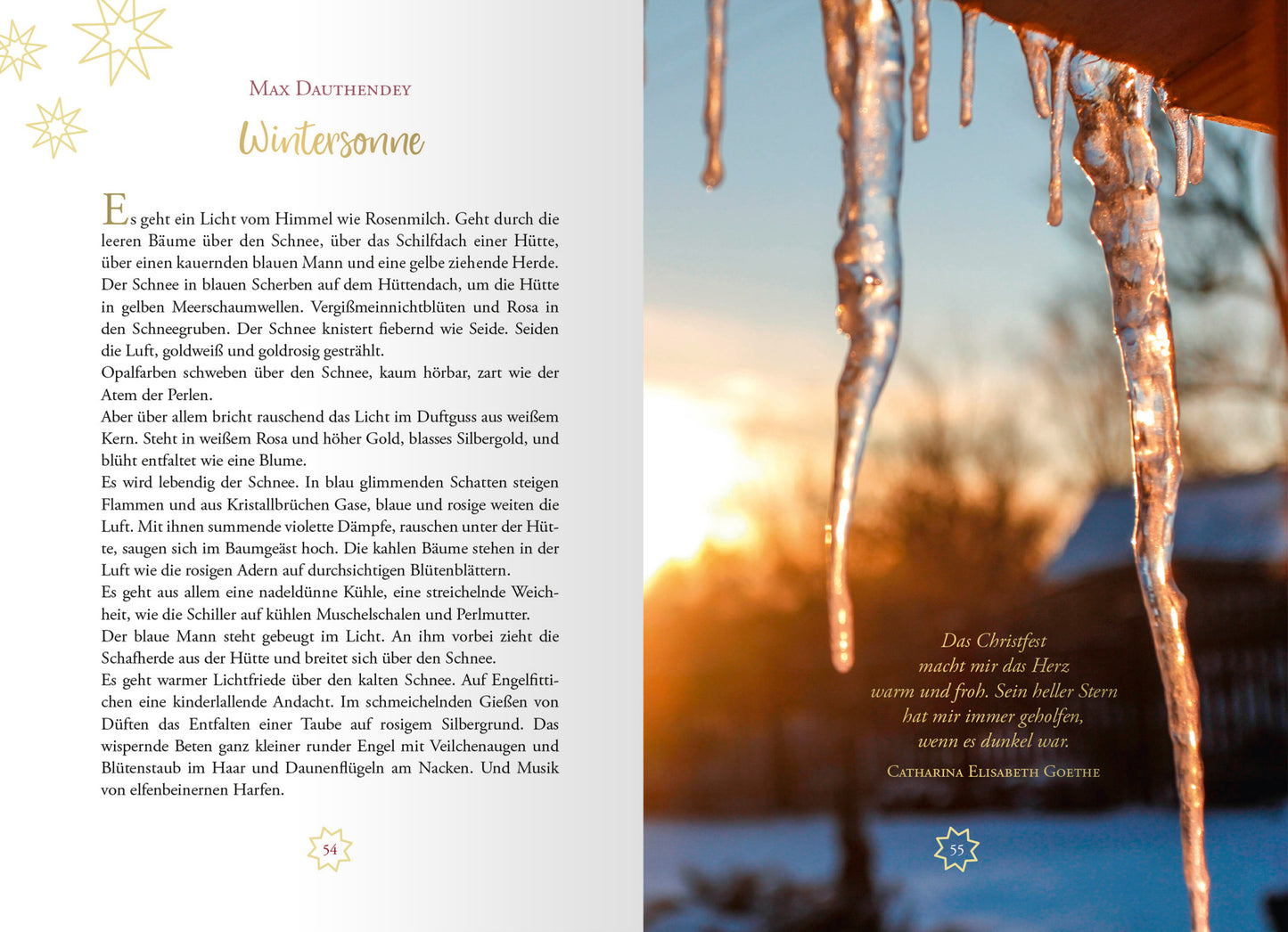 Gezeigt wird eine Innen- oder Zusatzansicht von „Wundervolle Weihnacht“. Die Seite zeigt auf der linken Seite den gedruckten Text „Wintersonne“ in einer eleganten serifenlosen Schriftfarbe in Dunkelblau. Auf der rechten Seite ist ein sanftes, warmes Sonnenlicht zu sehen, das durch Eiszapfen auf einem Dach fällt und eine ruhige Winterlandschaft beleuchtet. Die Farbpalette umfasst Weiß- und Goldtöne sowie sanfte Blau- und Braunnuancen. Am unteren Rand befindet sich ein Zitat in der...
