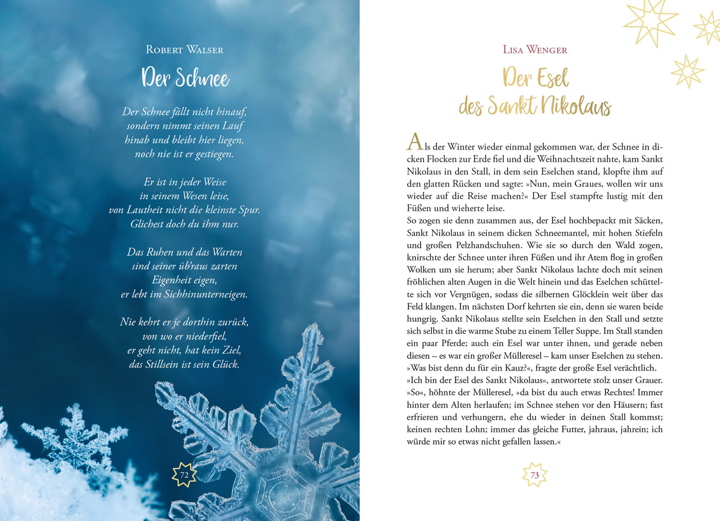 Gezeigt wird eine Innenansicht von „Wundervolle Weihnacht“. Die linke Seite enthält das Gedicht „Der Schnee“ von Robert Walser, in elegantem blauen Farbton mit geschwungener, weißer Schrift auf sanftem, schneebedecktem Hintergrund. Die rechte Seite beschreibt „Der Esel des Sankt Nikolaus“ von Lisa Winger, in kräftigem goldenen Schriftzug. Beide Seiten sind mit festlichen, zarten Schneeflocken und Sternen dekoriert, die eine weihnachtliche Stimmung verbreiten.