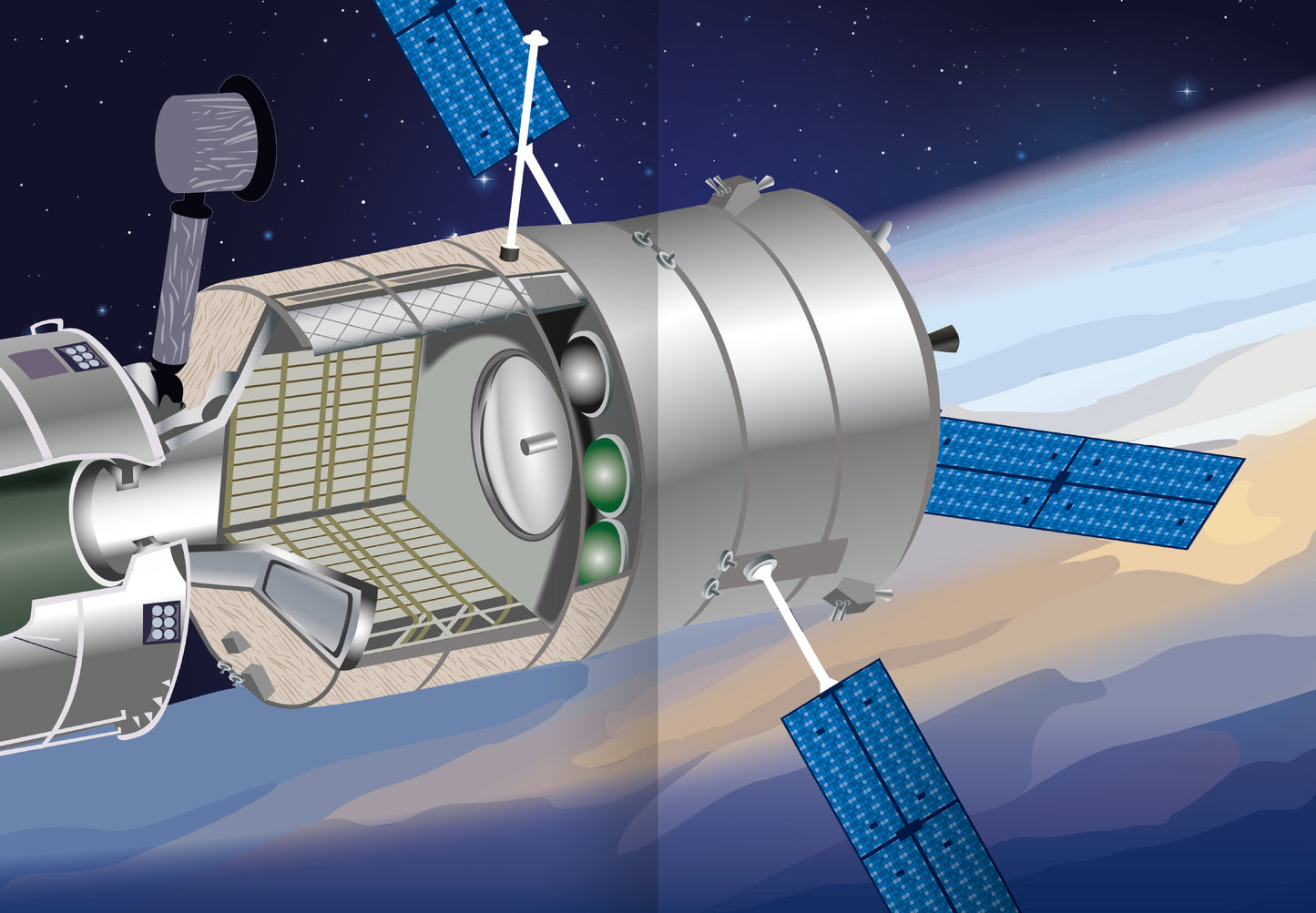 Gezeigt wird eine Innenansicht von „Meine Sticker – Mond und Weltraum“. Die Illustration zeigt das Innere eines Raumfahrzeugs, das mit verschiedenen technischen Elementen wie Tanks und Gitterstrukturen gestaltet ist. Die Farben sind überwiegend grau und silber, akzentuiert von grünen und blauen Details. Der Hintergrund ist in tiefen Blau- und Violetttönen gehalten, die den Weltraum darstellen. Die Typografie ist klar und modern, um die Informationen eindeutig zu präsentieren.