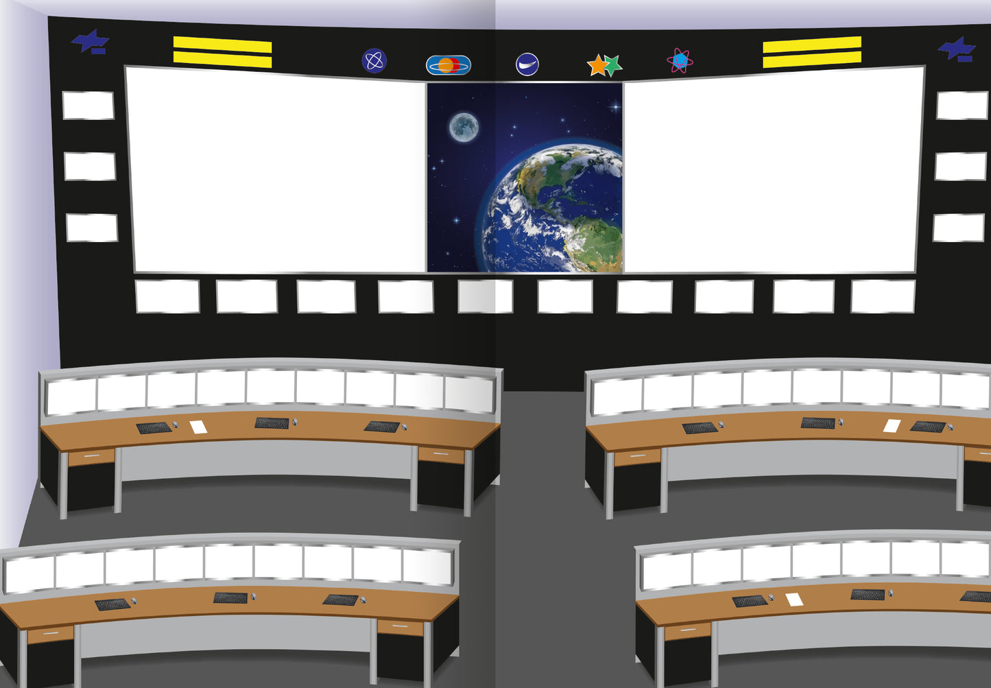 Gezeigt wird eine Innen- oder Zusatzansicht von „Meine Sticker – Mond und Weltraum“. Der Raum ist im Raumdesign eines Kontrollzentrums gehalten und zeigt einen großen Bildschirm mit einer Darstellung der Erde im Weltraum. Vor den Bildschirmen stehen mehrere runde Tische mit Laptops. Dominierende Farben sind Schwarz, Blau und Erdtöne, ergänzt durch leuchtende Elemente wie Sterne und Symbole an der Wand. Die Typografie ist modern und klar, um eine ansprechende Benutzererfahrung zu...